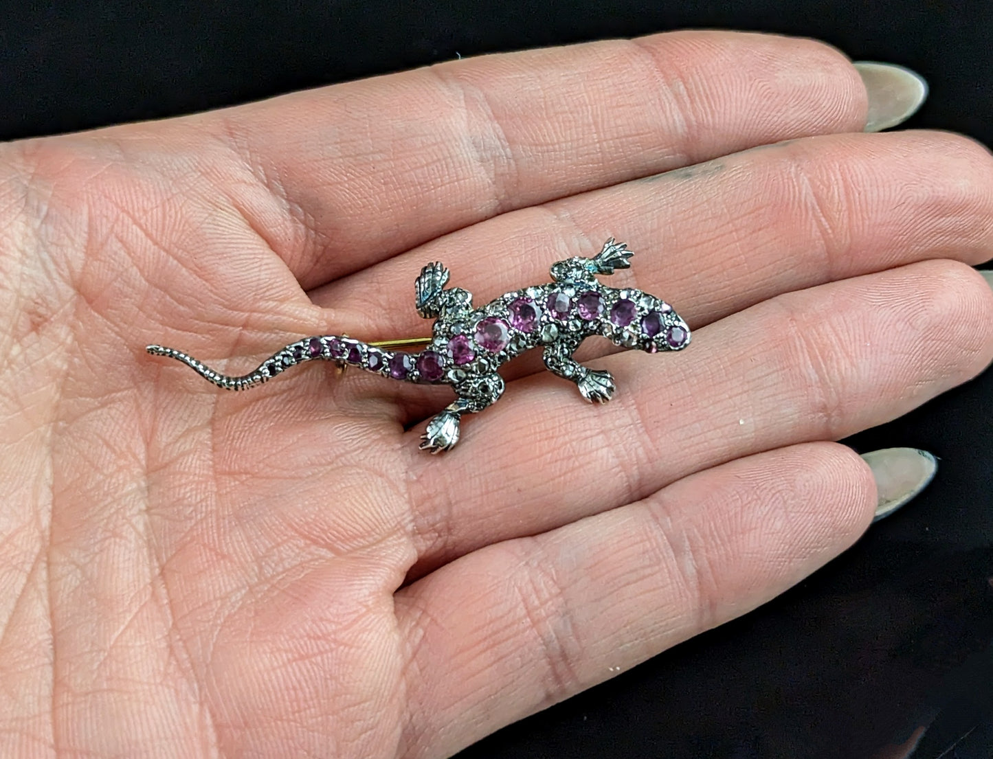 Antique Diamond and Pink sapphire lizard brooch, 9ct gold and Silver