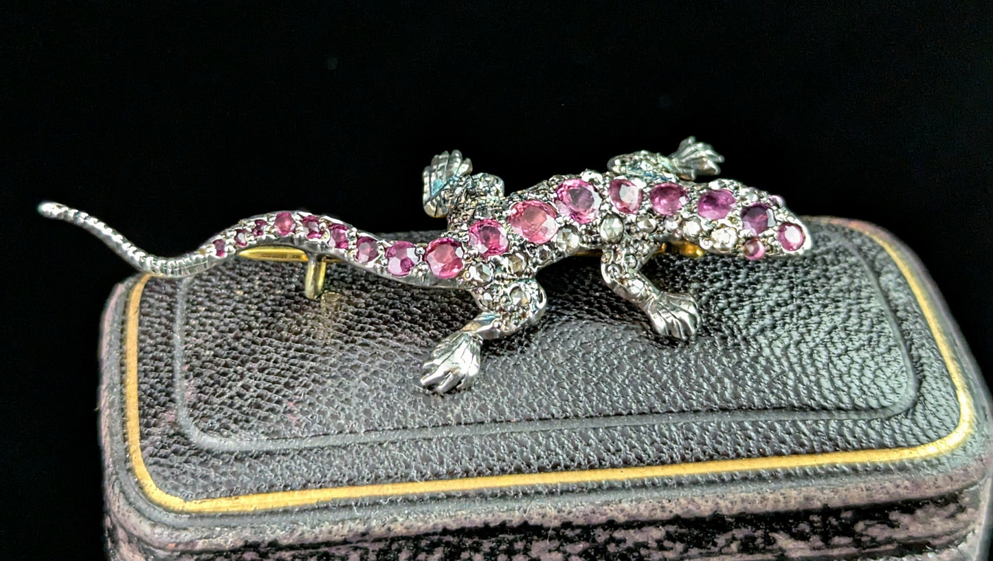 Antique Diamond and Pink sapphire lizard brooch, 9ct gold and Silver