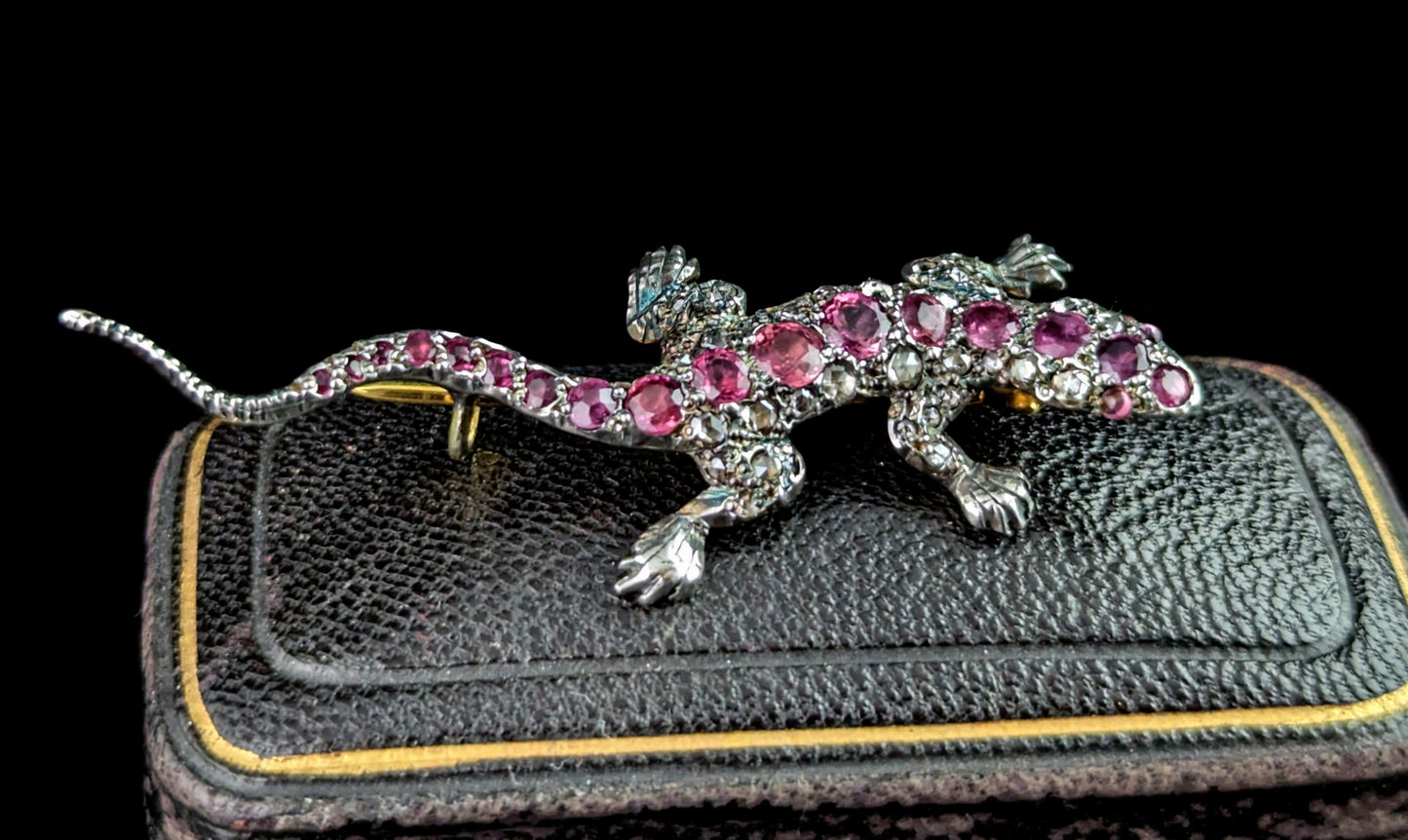 Antique Diamond and Pink sapphire lizard brooch, 9ct gold and Silver