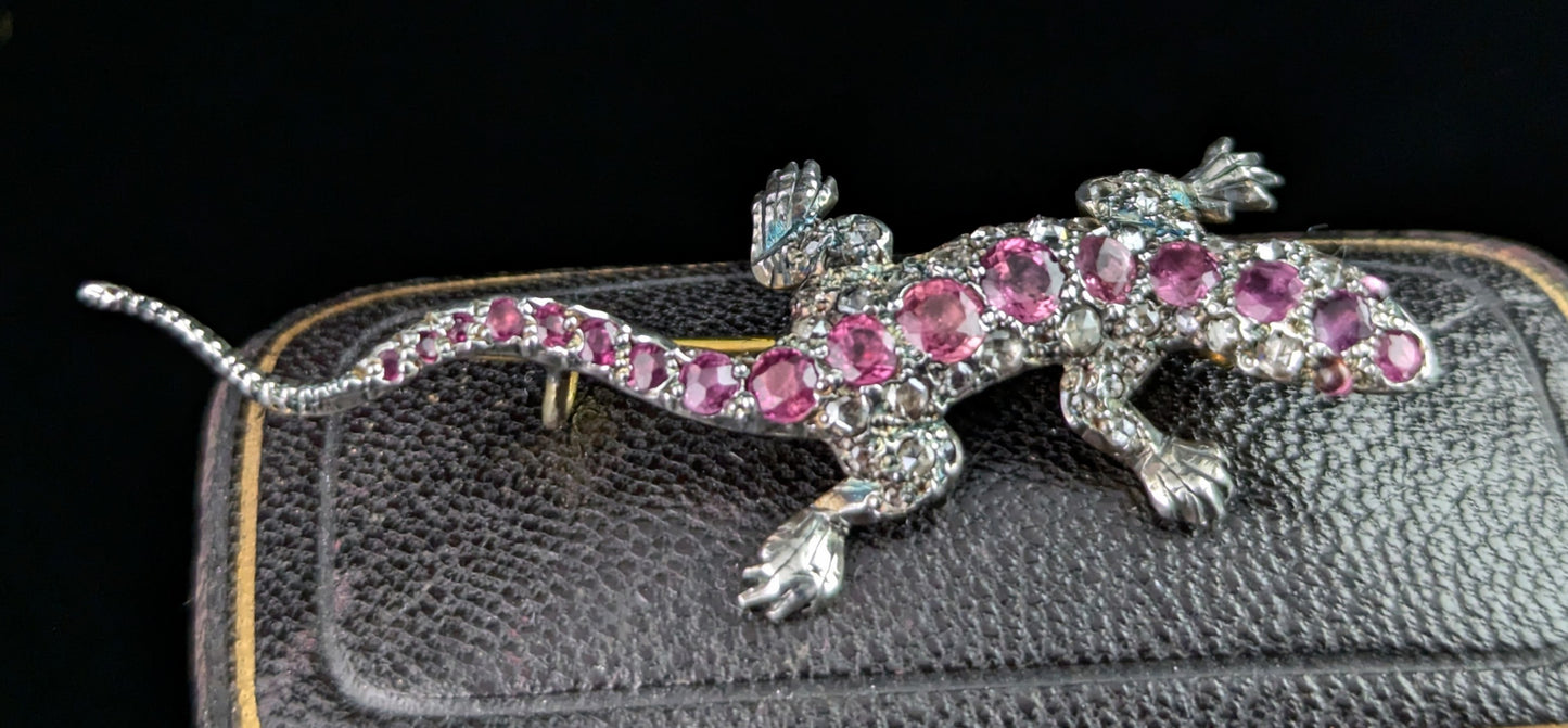 Antique Diamond and Pink sapphire lizard brooch, 9ct gold and Silver