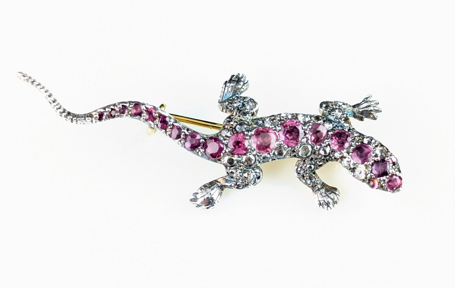 Antique Diamond and Pink sapphire lizard brooch, 9ct gold and Silver