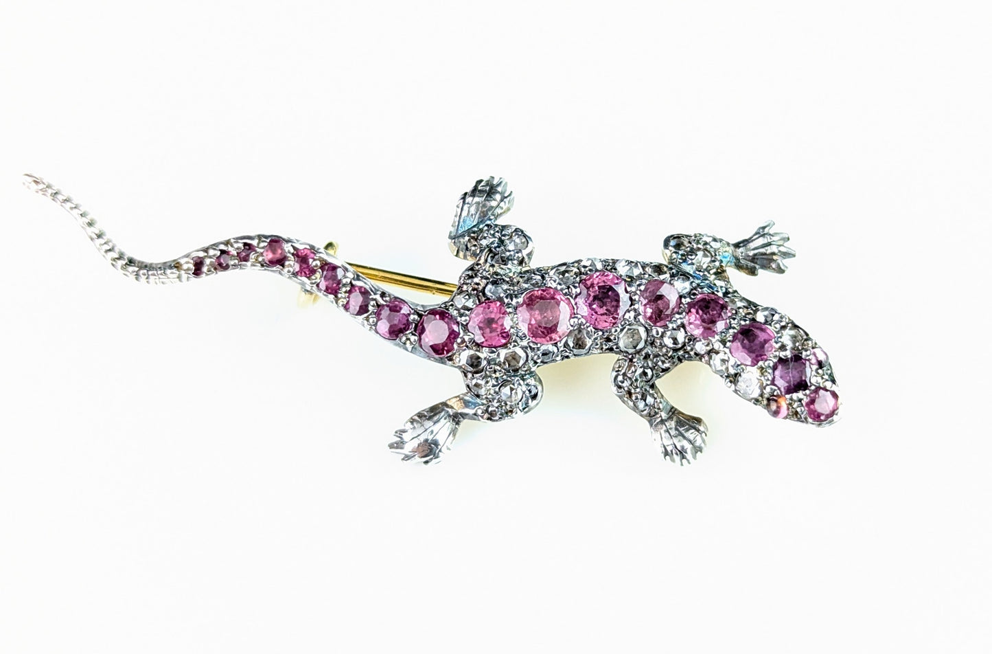 Antique Diamond and Pink sapphire lizard brooch, 9ct gold and Silver