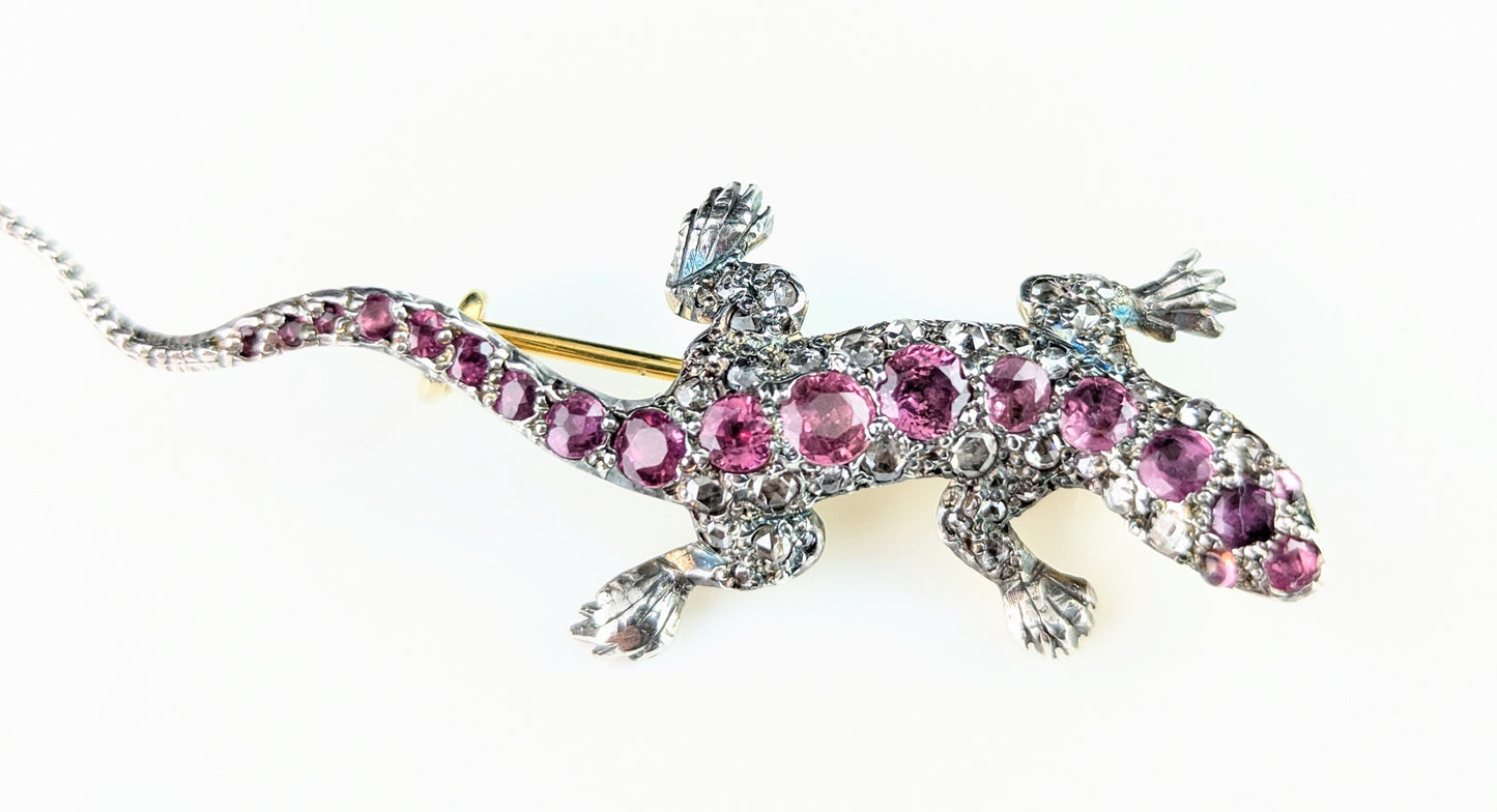 Antique Diamond and Pink sapphire lizard brooch, 9ct gold and Silver