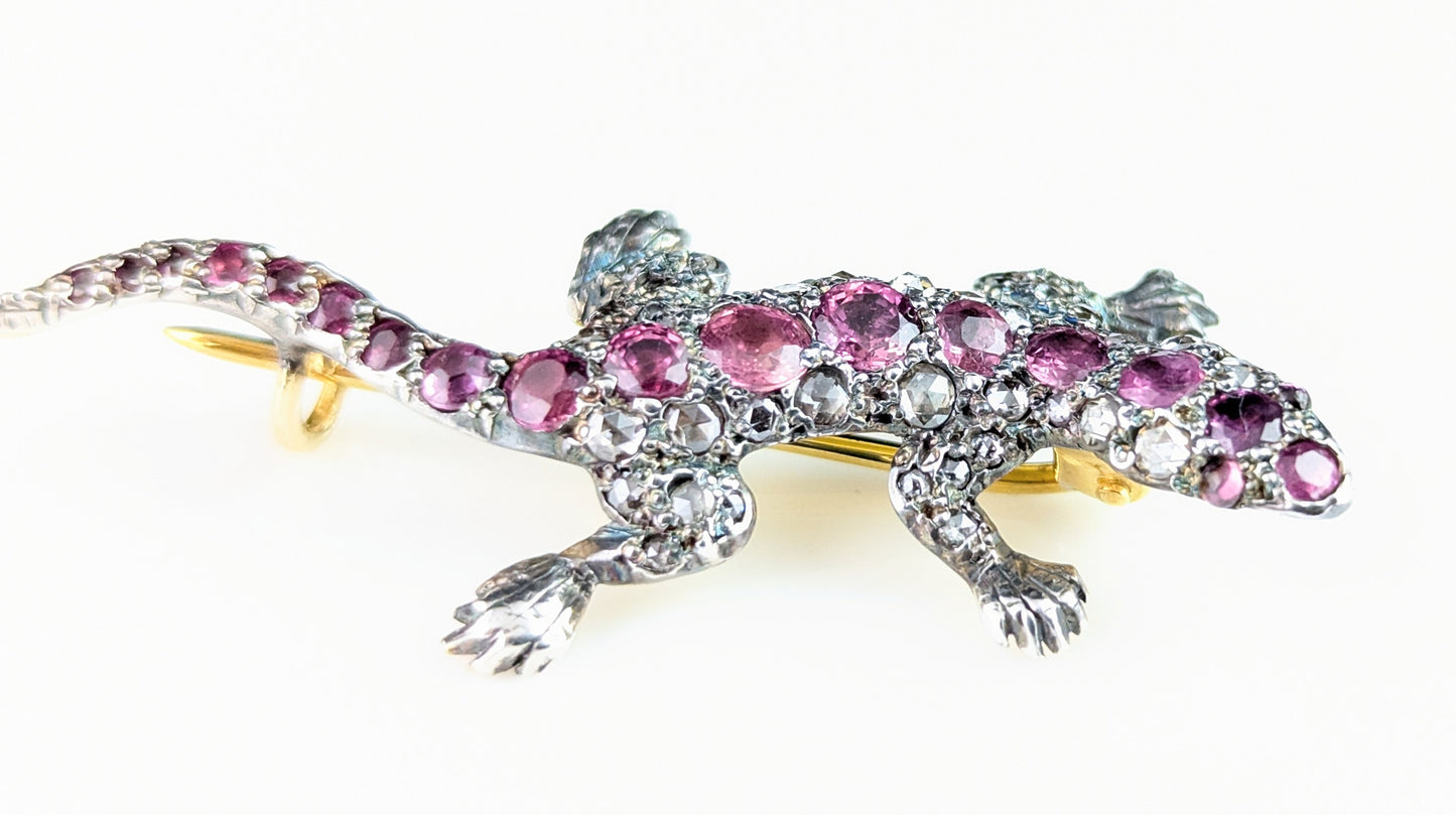 Antique Diamond and Pink sapphire lizard brooch, 9ct gold and Silver