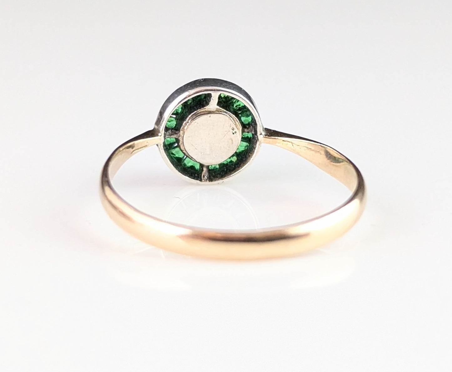 Vintage Art Deco Target ring, 9ct gold, Emerald green paste and faux pearl