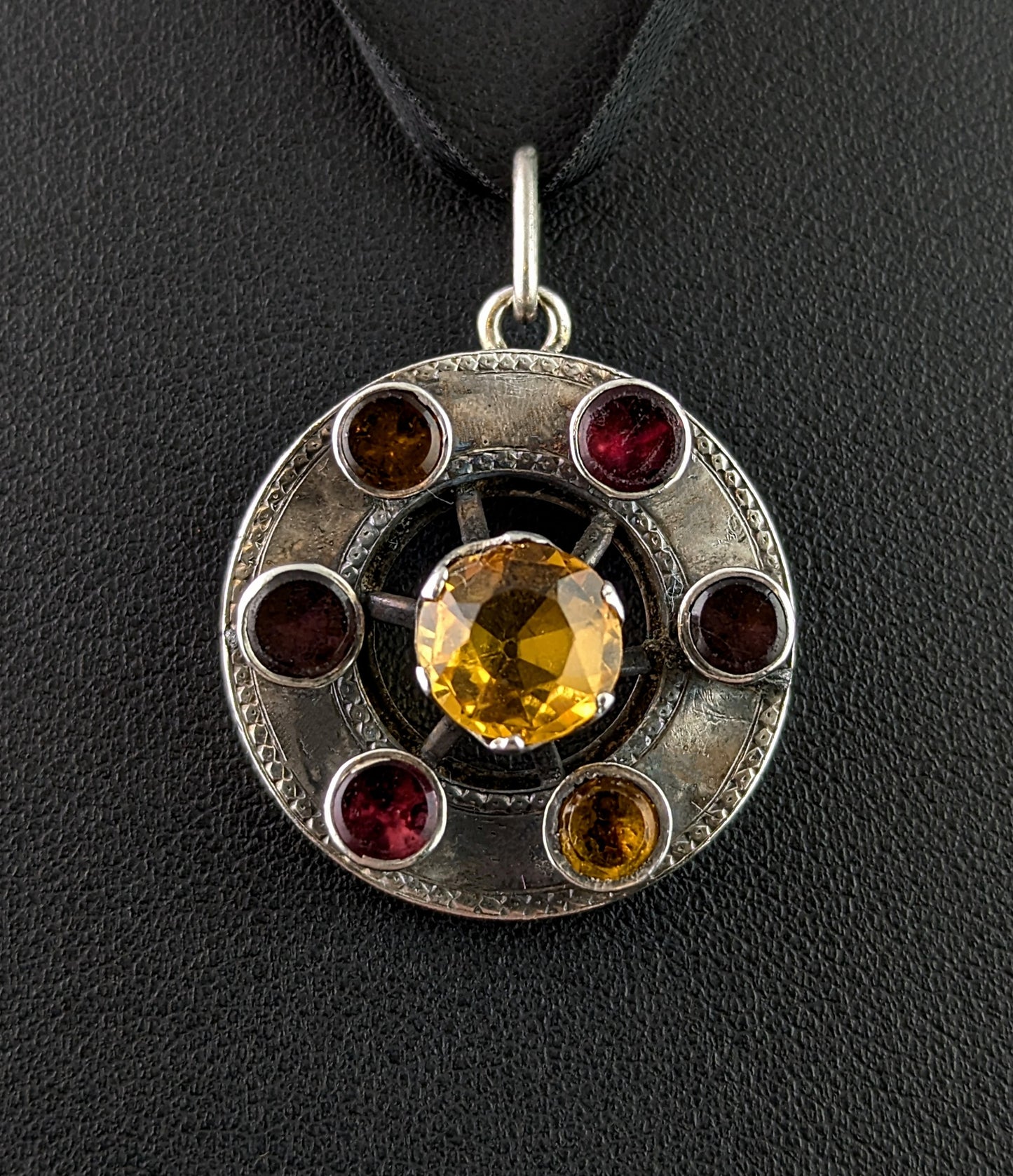 Antique Scottish Citrine and Garnet pendant, Sterling silver