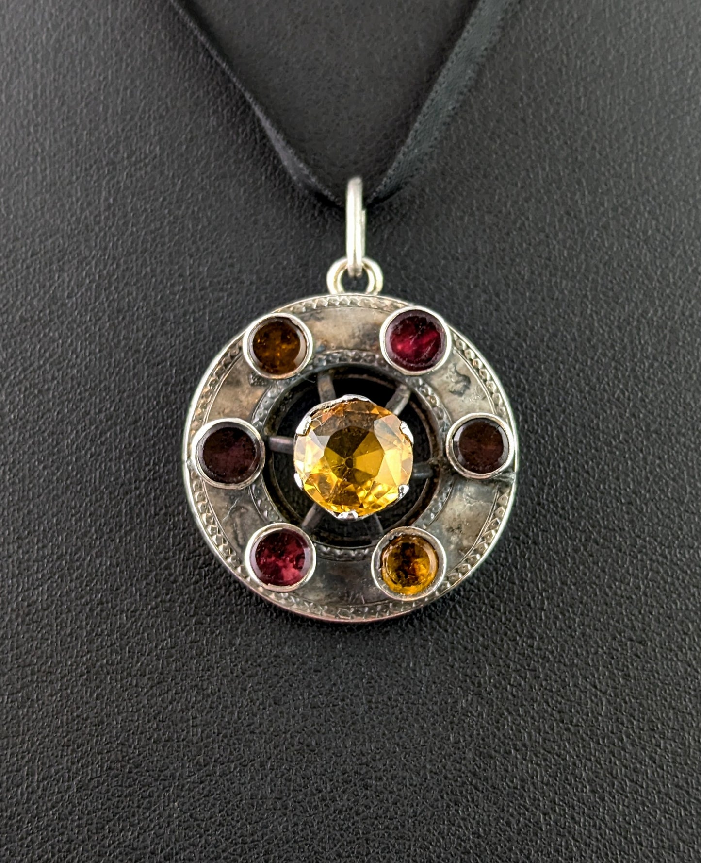 Antique Scottish Citrine and Garnet pendant, Sterling silver