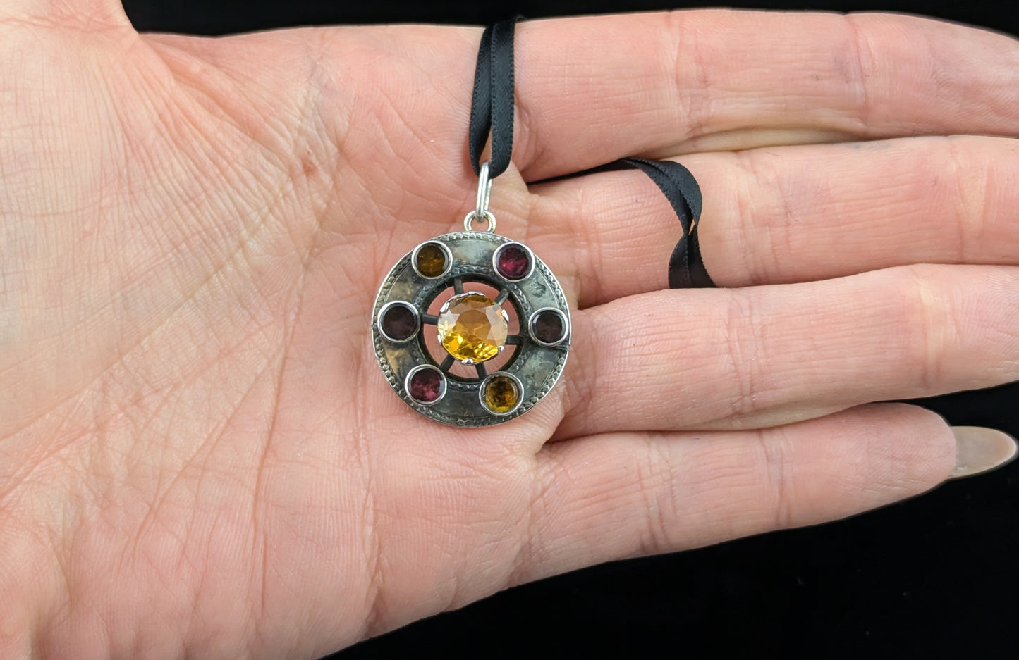 Antique Scottish Citrine and Garnet pendant, Sterling silver