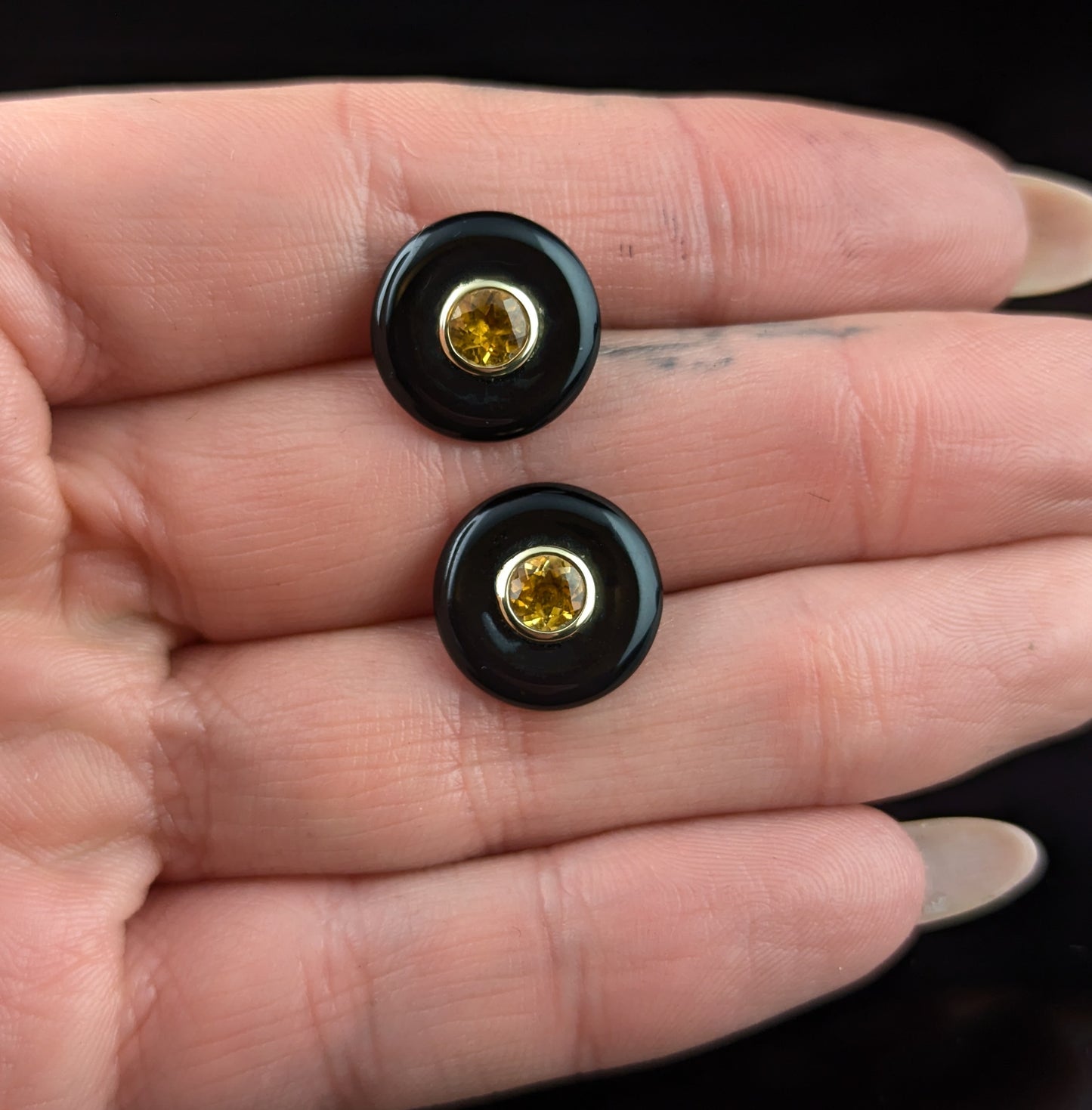 Vintage Onyx and Citrine stud earrings, 9ct yellow gold