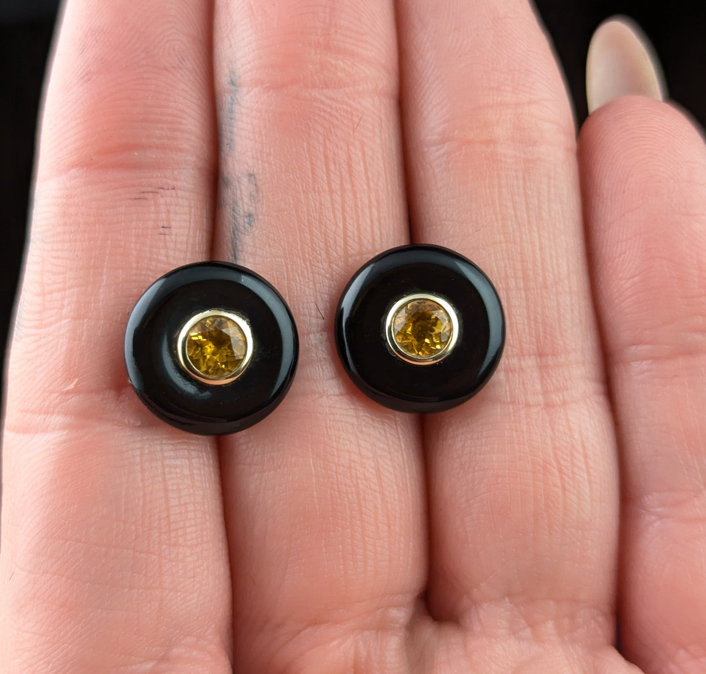 Vintage Onyx and Citrine stud earrings, 9ct yellow gold