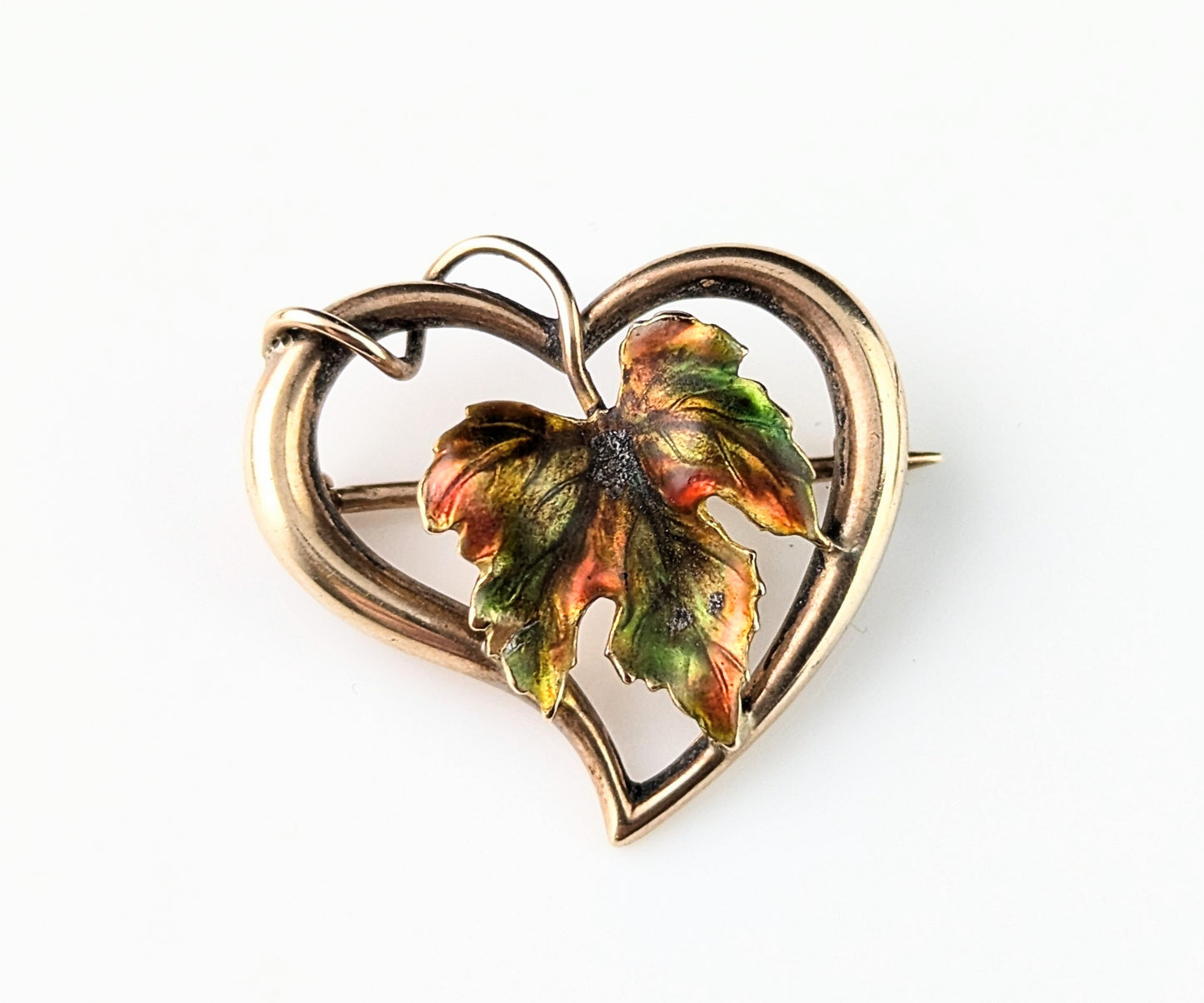 Antique 9ct gold Witches heart brooch, maple leaf, enamel