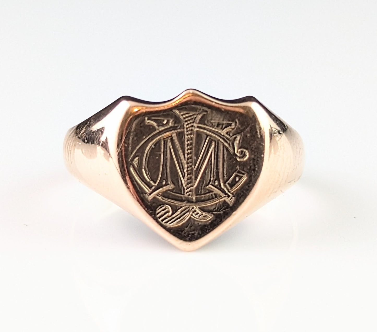 Antique 9ct rose gold signet ring, Shield shaped, Monogrammed CJM