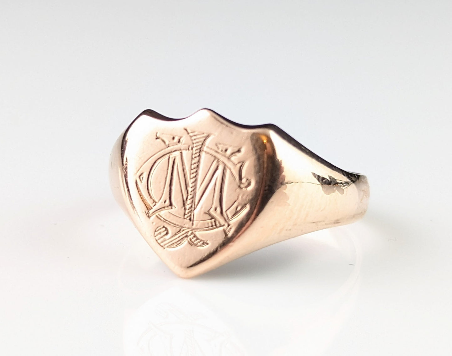 Antique 9ct rose gold signet ring, Shield shaped, Monogrammed CJM