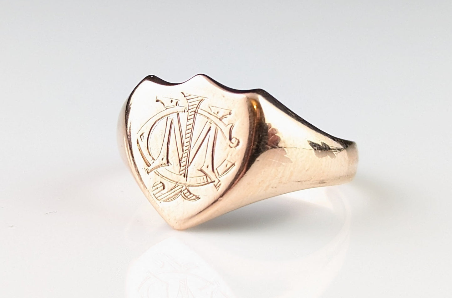 Antique 9ct rose gold signet ring, Shield shaped, Monogrammed CJM