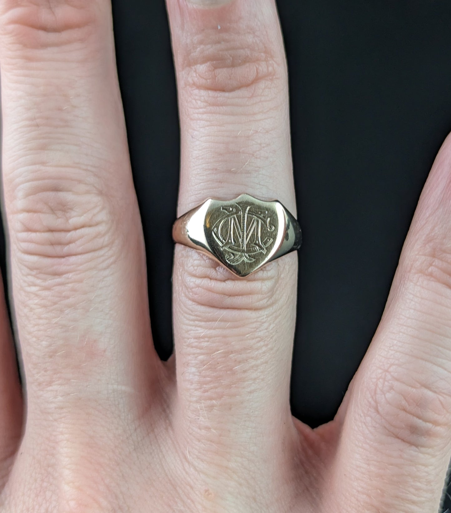 Antique 9ct rose gold signet ring, Shield shaped, Monogrammed CJM