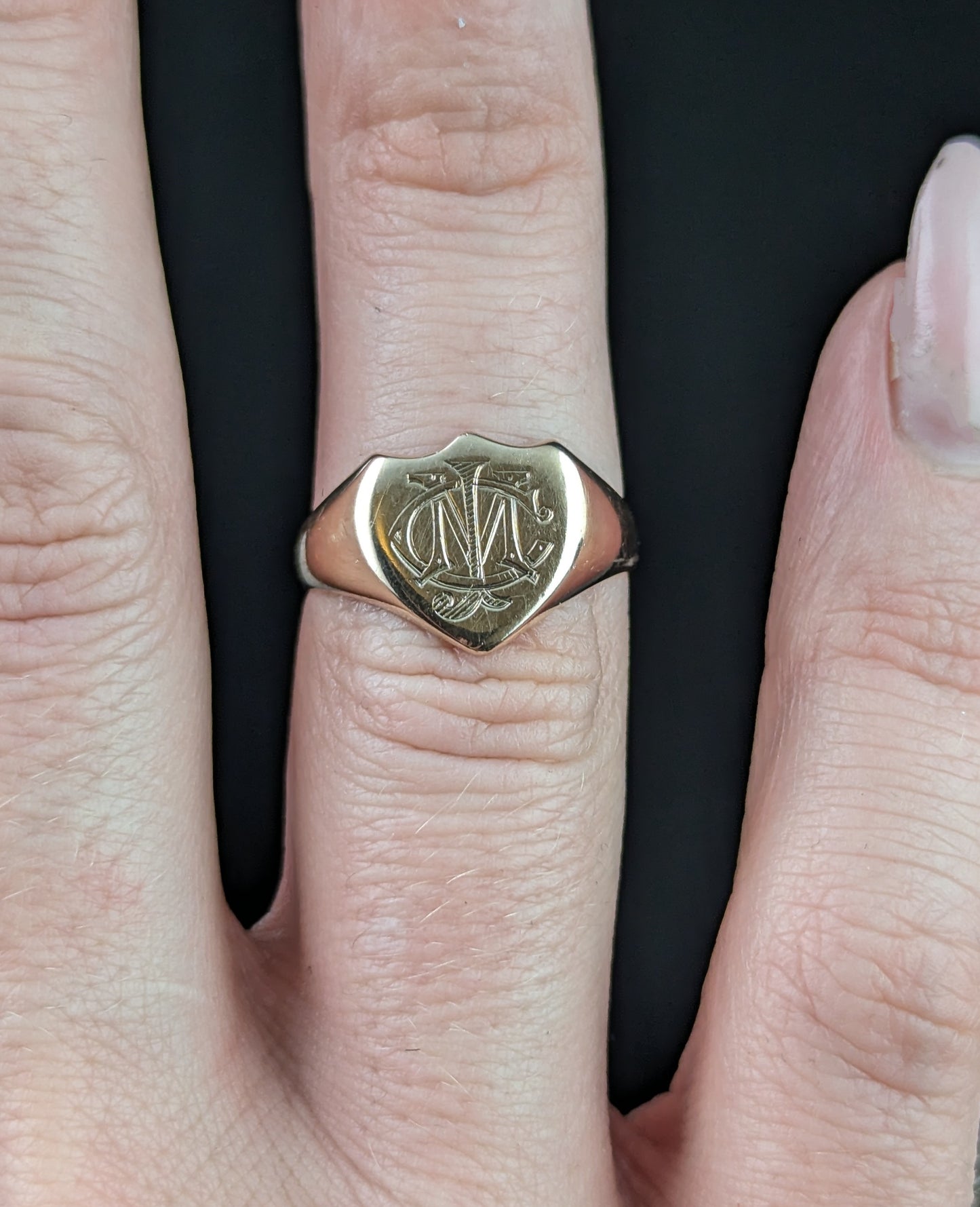 Antique 9ct rose gold signet ring, Shield shaped, Monogrammed CJM