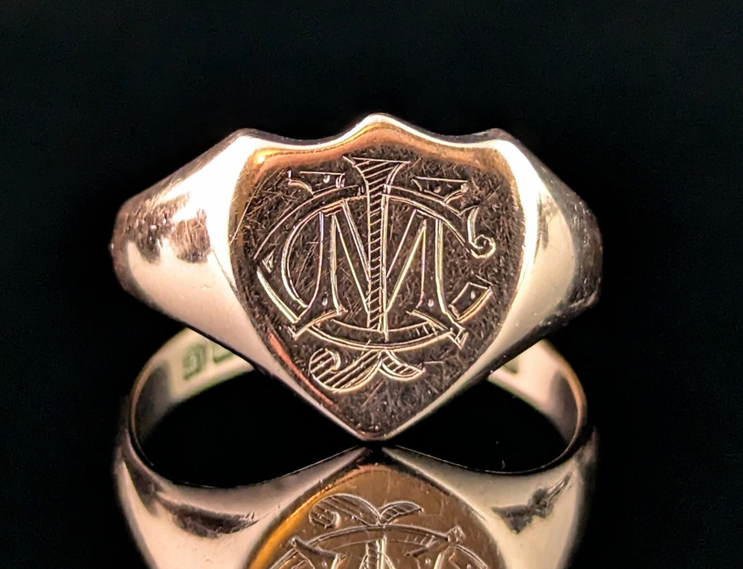 Antique 9ct rose gold signet ring, Shield shaped, Monogrammed CJM