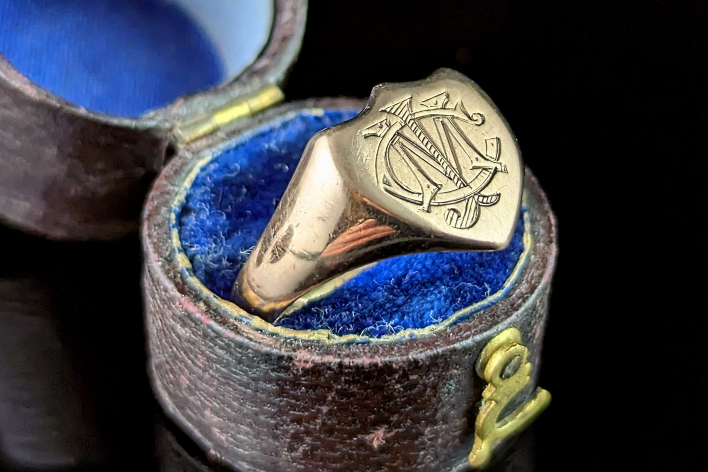 Antique 9ct rose gold signet ring, Shield shaped, Monogrammed CJM