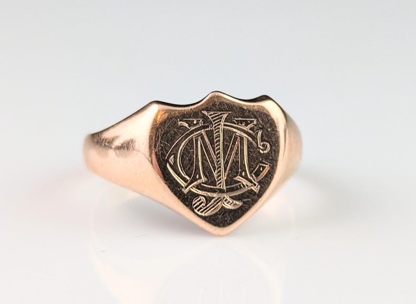 Antique 9ct rose gold signet ring, Shield shaped, Monogrammed CJM