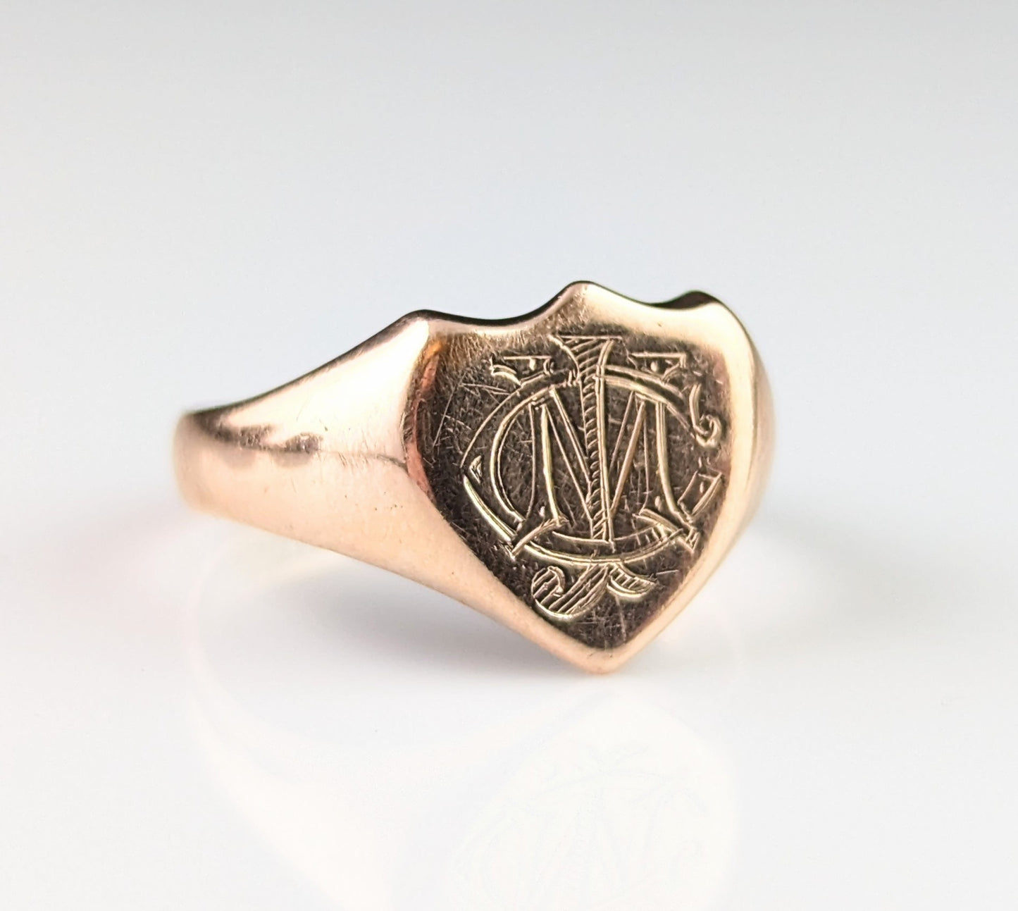 Antique 9ct rose gold signet ring, Shield shaped, Monogrammed CJM