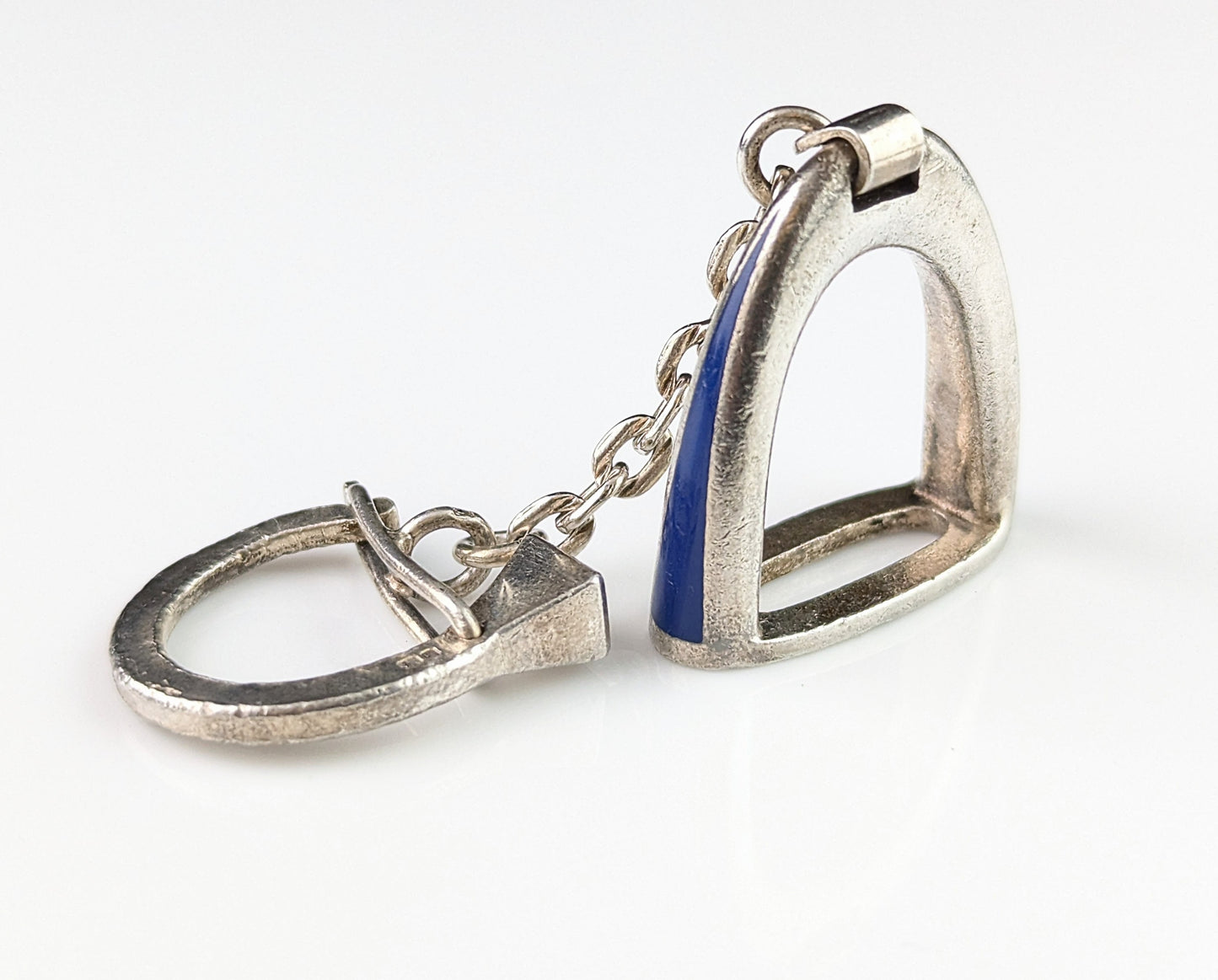 Vintage Gucci sterling silver and enamel keychain, charm, Stirrup and horseshoe nail