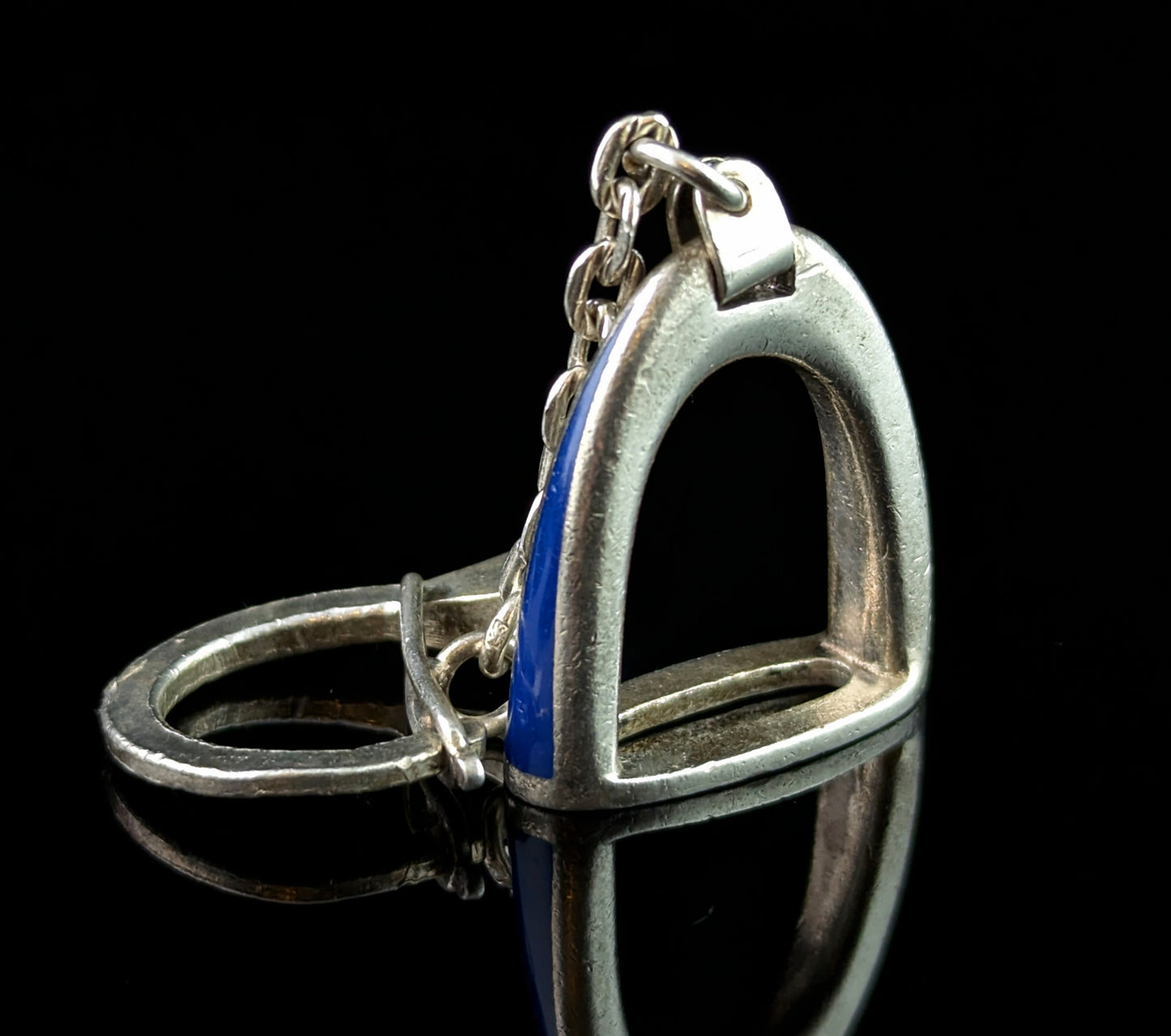 Vintage Gucci sterling silver and enamel keychain, charm, Stirrup and horseshoe nail