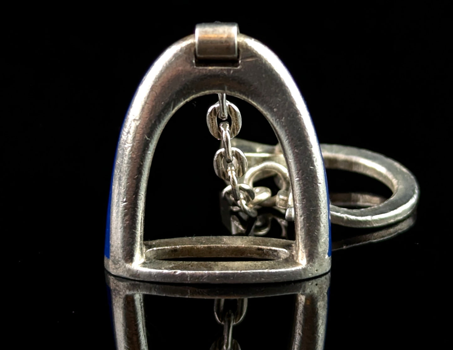 Vintage Gucci sterling silver and enamel keychain, charm, Stirrup and horseshoe nail