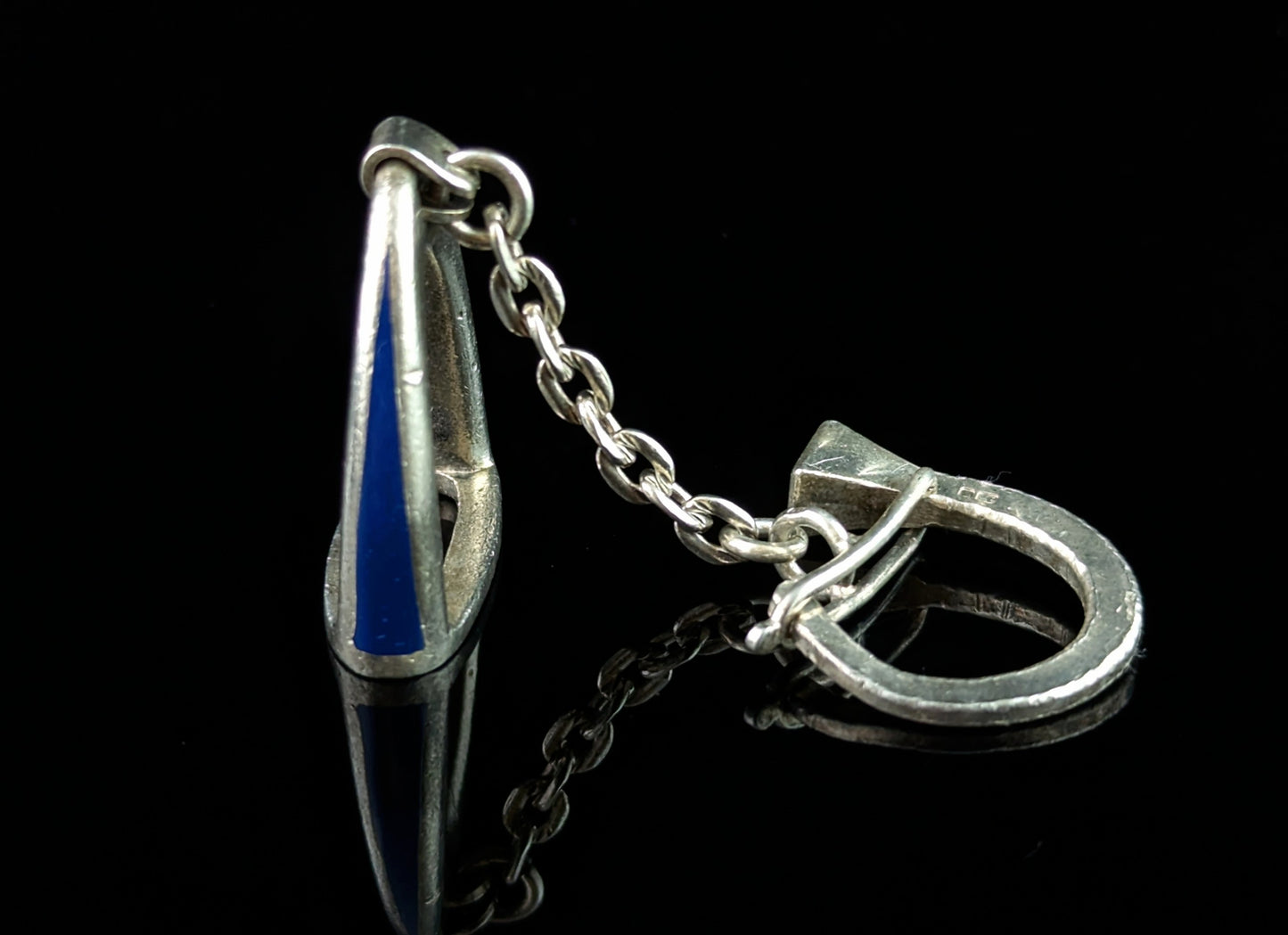 Vintage Gucci sterling silver and enamel keychain, charm, Stirrup and horseshoe nail