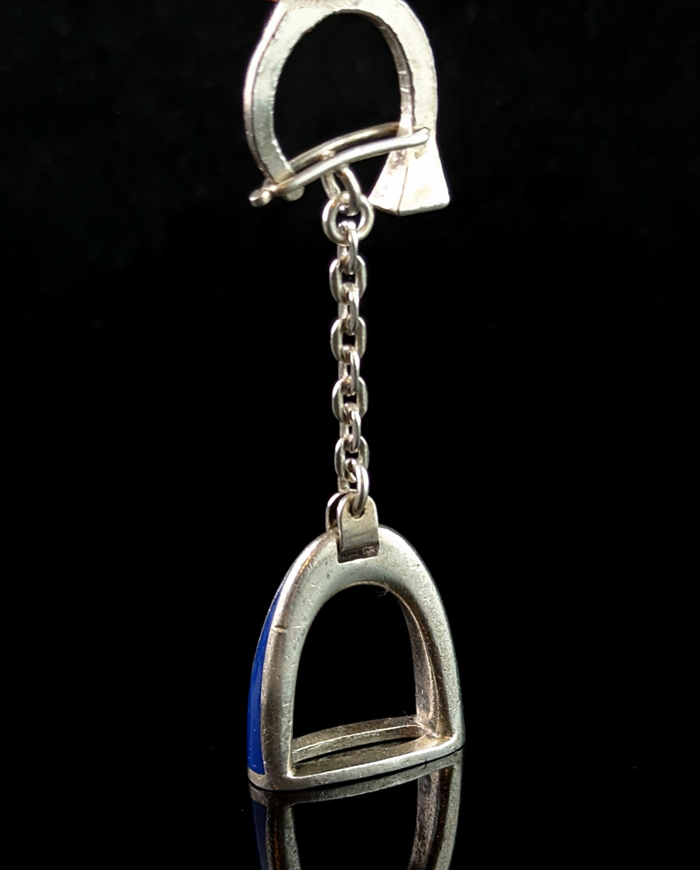 Vintage Gucci sterling silver and enamel keychain, charm, Stirrup and horseshoe nail