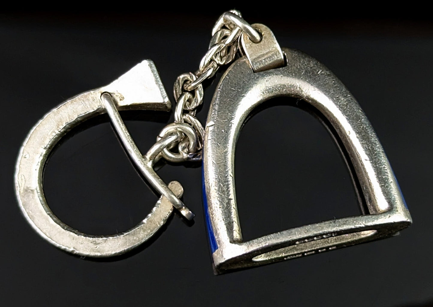 Vintage Gucci sterling silver and enamel keychain, charm, Stirrup and horseshoe nail