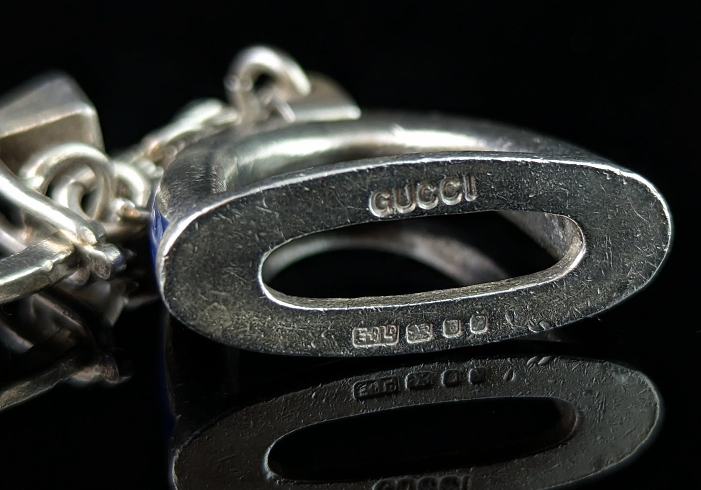 Vintage Gucci sterling silver and enamel keychain, charm, Stirrup and horseshoe nail