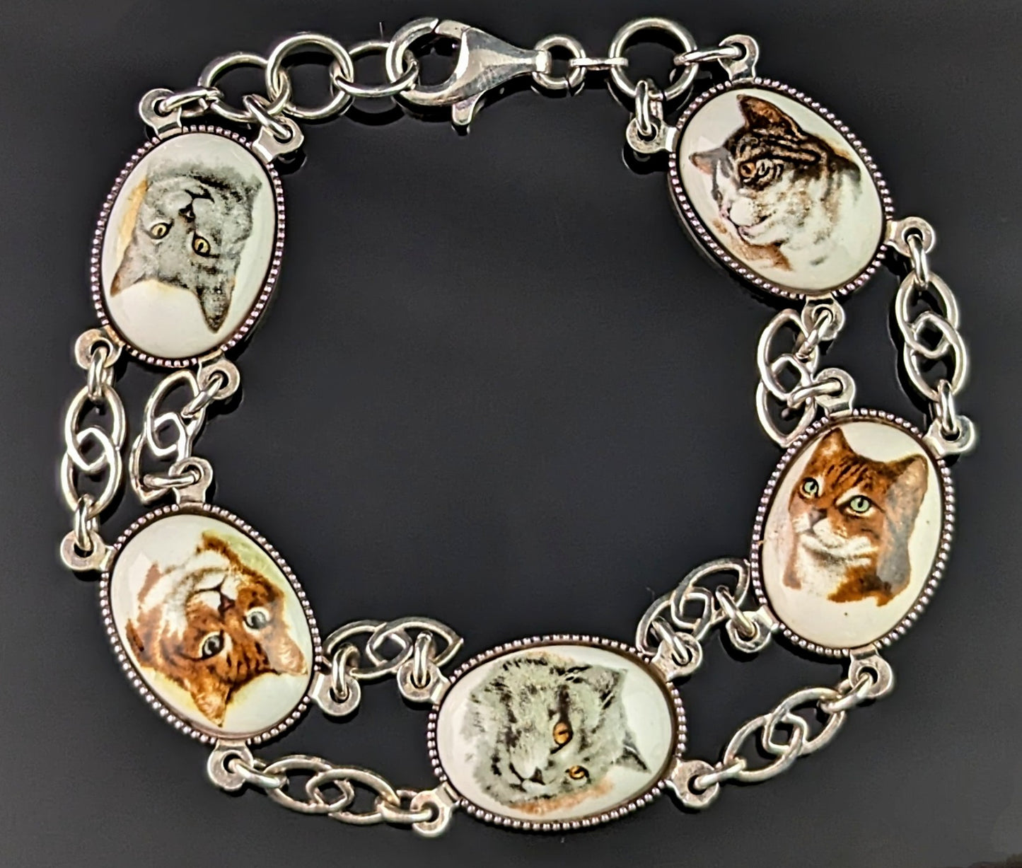 Vintage sterling silver Cat panel bracelet, enamel