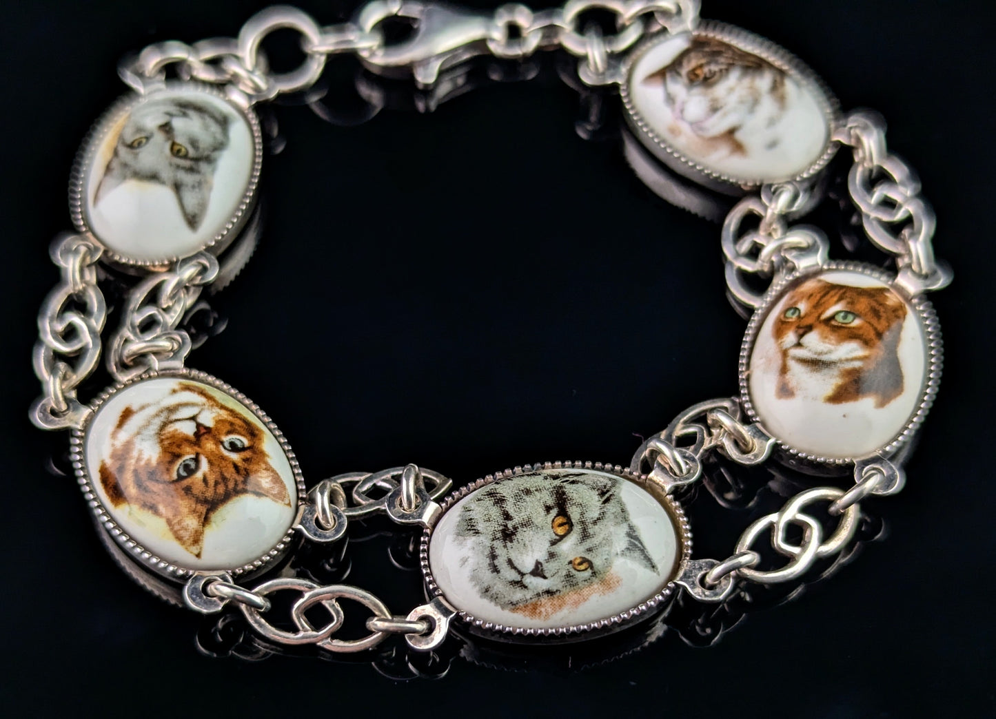 Vintage sterling silver Cat panel bracelet, enamel