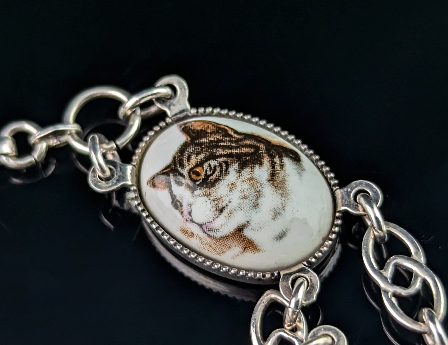 Vintage sterling silver Cat panel bracelet, enamel