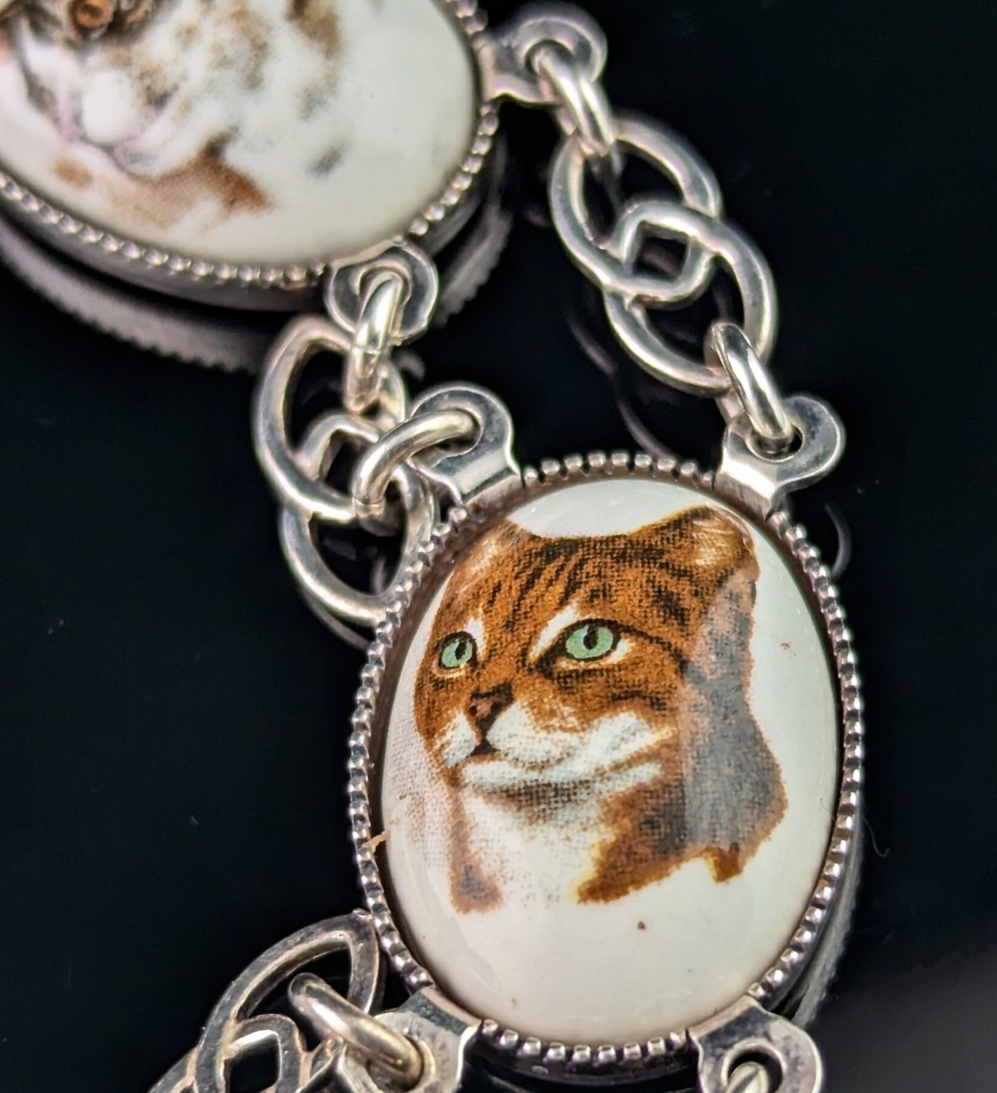 Vintage sterling silver Cat panel bracelet, enamel