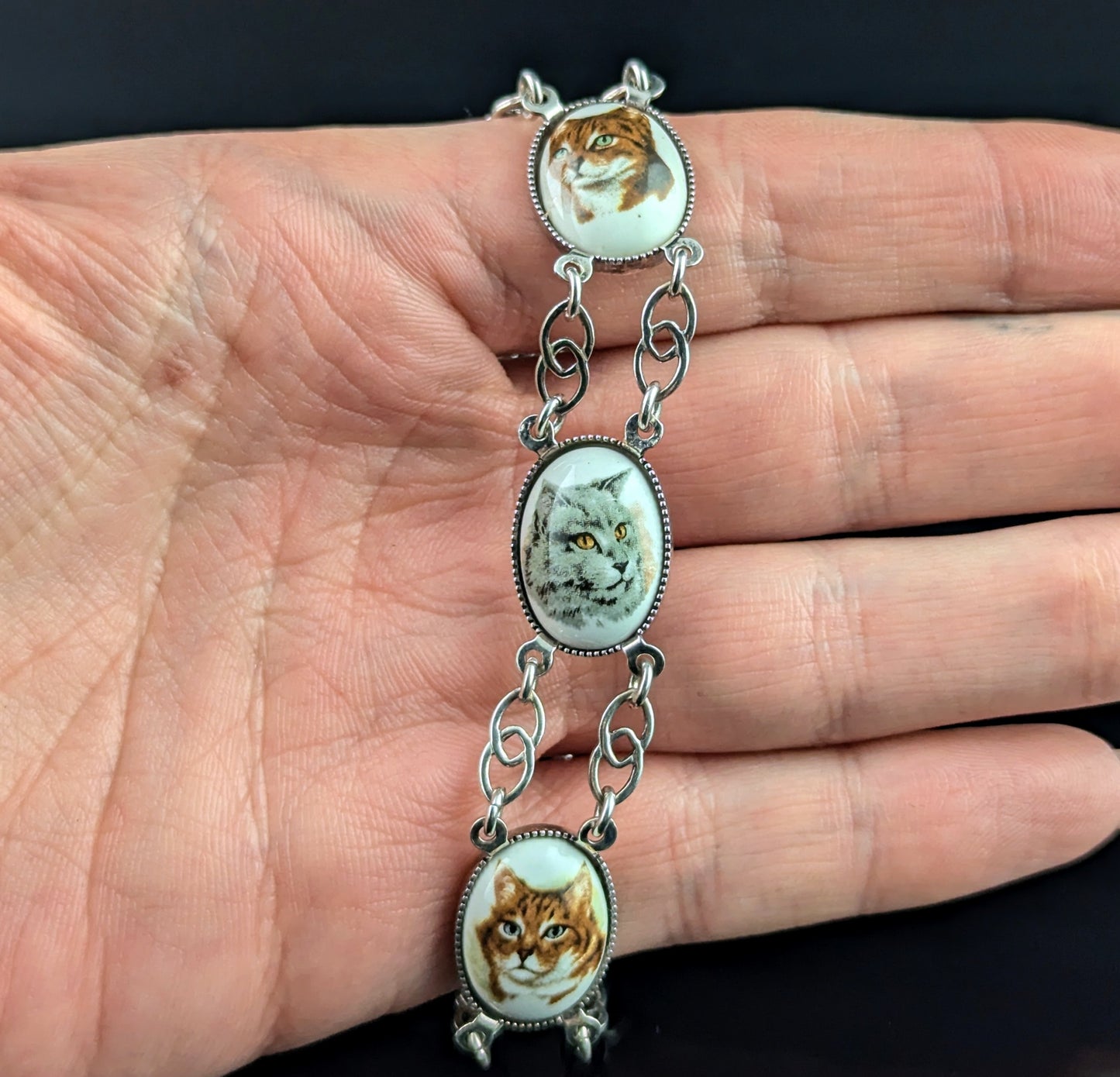 Vintage sterling silver Cat panel bracelet, enamel