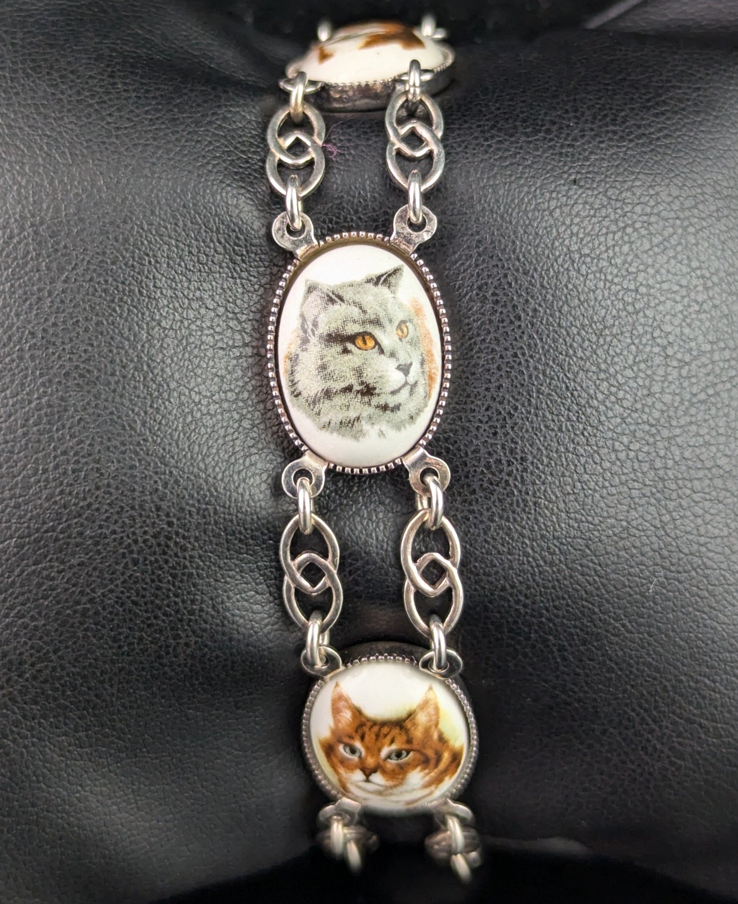 Vintage sterling silver Cat panel bracelet, enamel