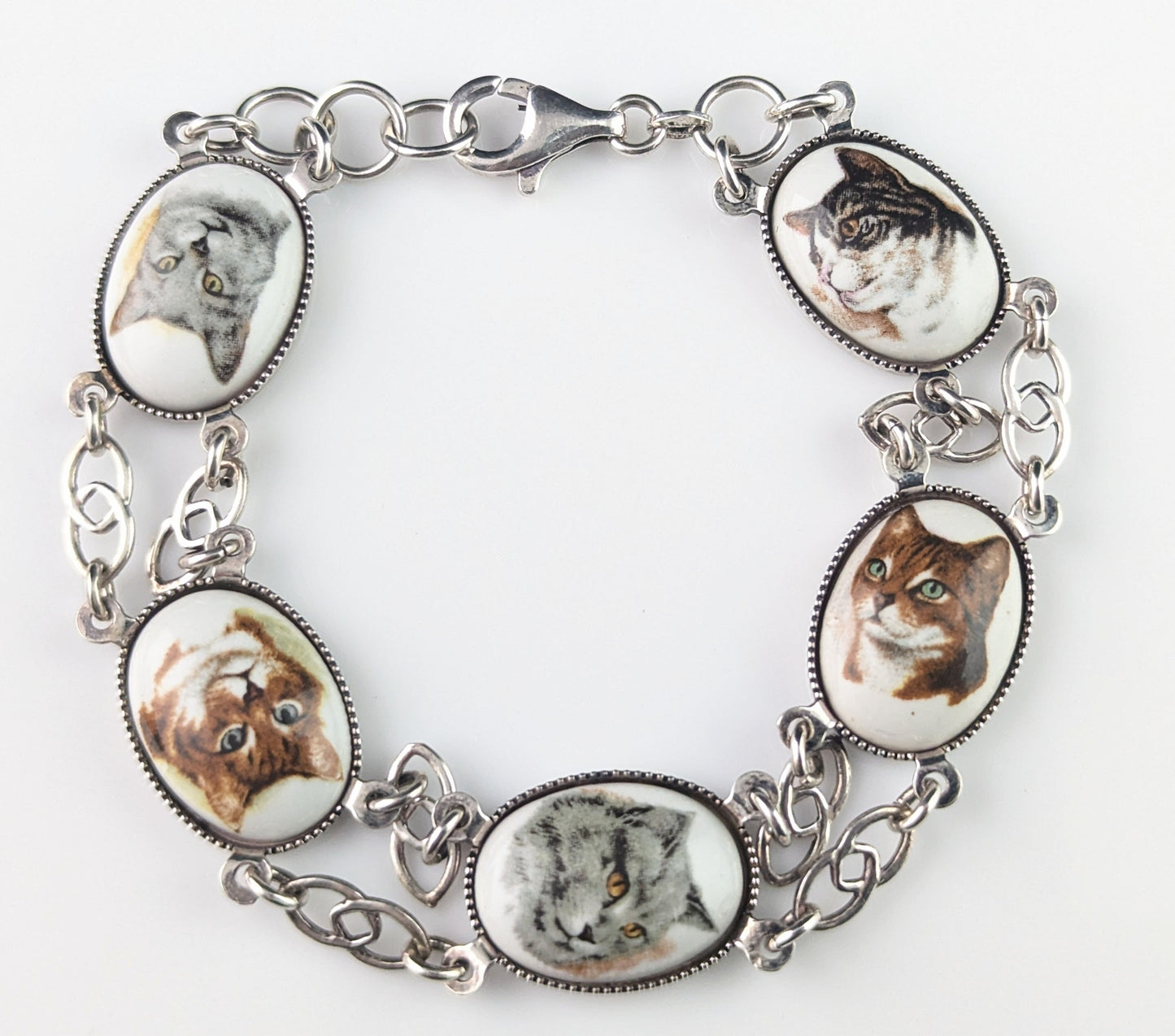 Vintage sterling silver Cat panel bracelet, enamel