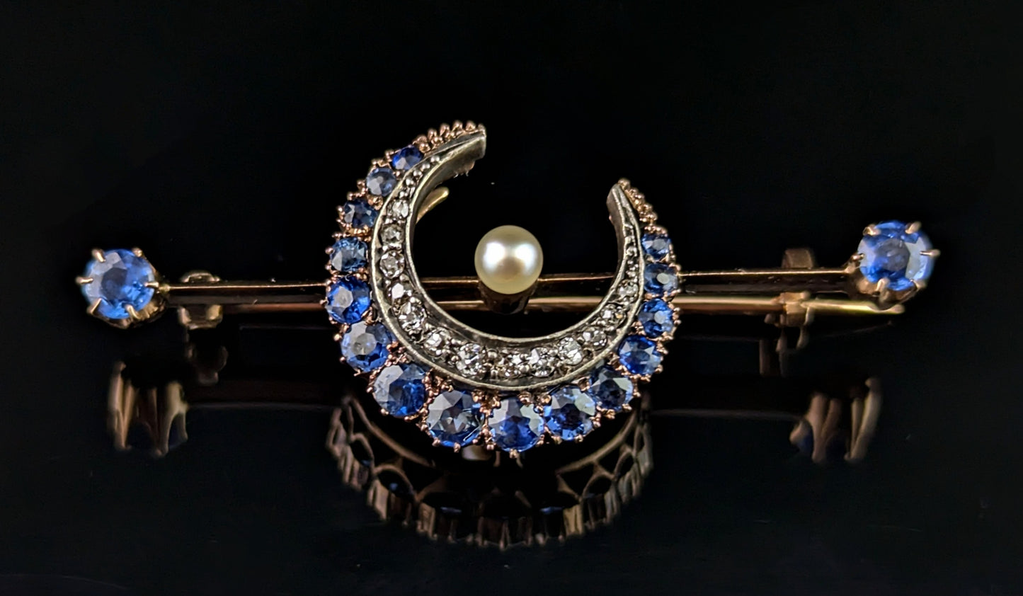 Antique Sapphire and Diamond crescent brooch, 15ct gold, Victorian