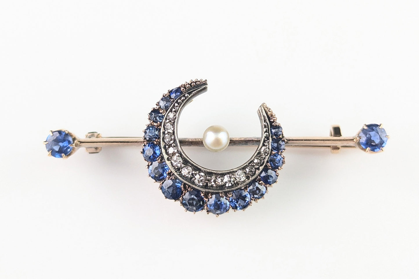 Antique Sapphire and Diamond crescent brooch, 15ct gold, Victorian