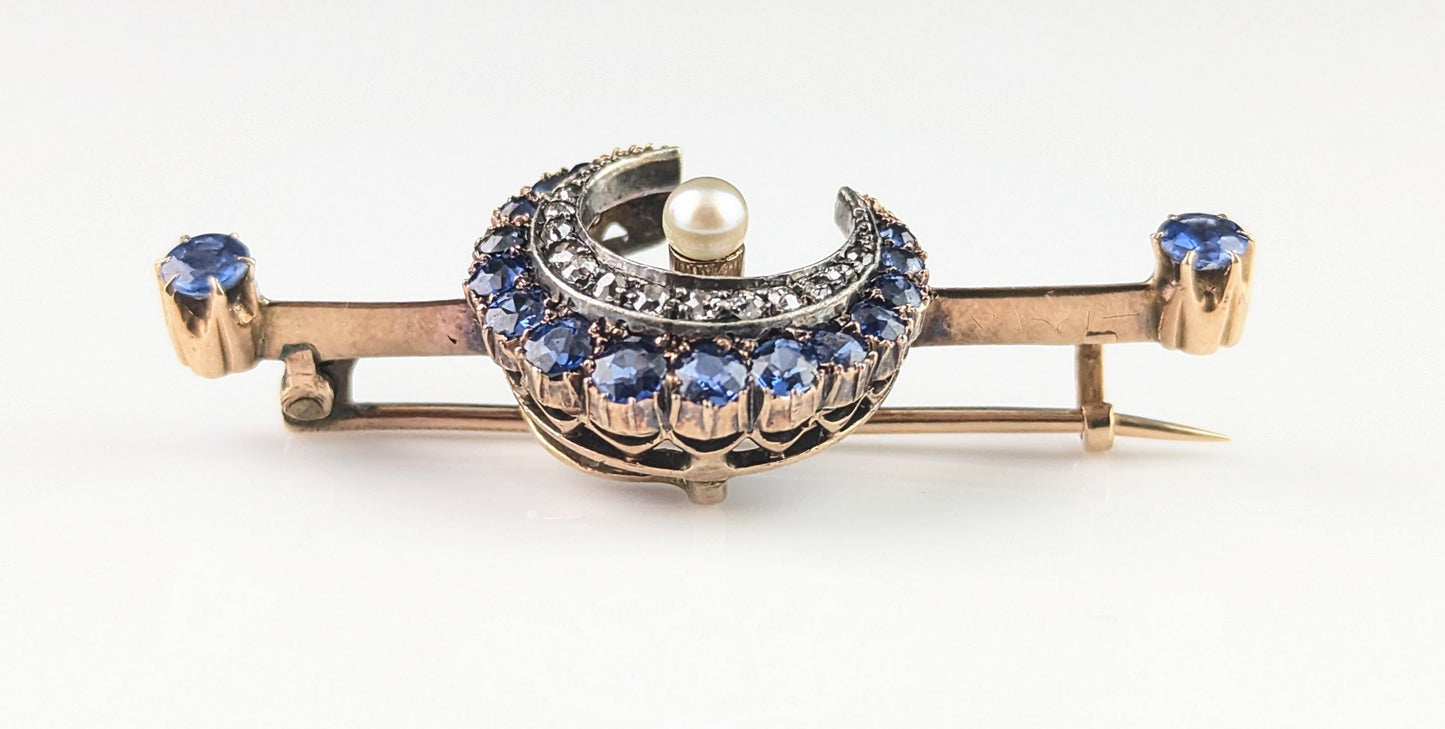 Antique Sapphire and Diamond crescent brooch, 15ct gold, Victorian