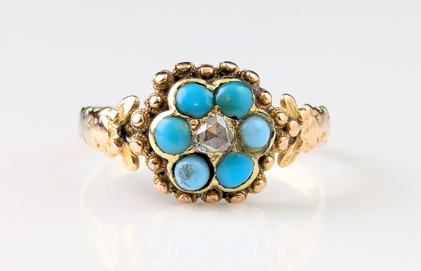 Antique Regency Turquoise and Diamond flower ring, 18ct gold