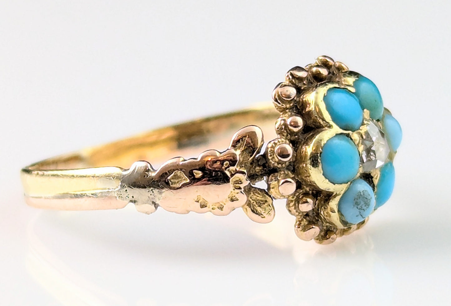 Antique Regency Turquoise and Diamond flower ring, 18ct gold