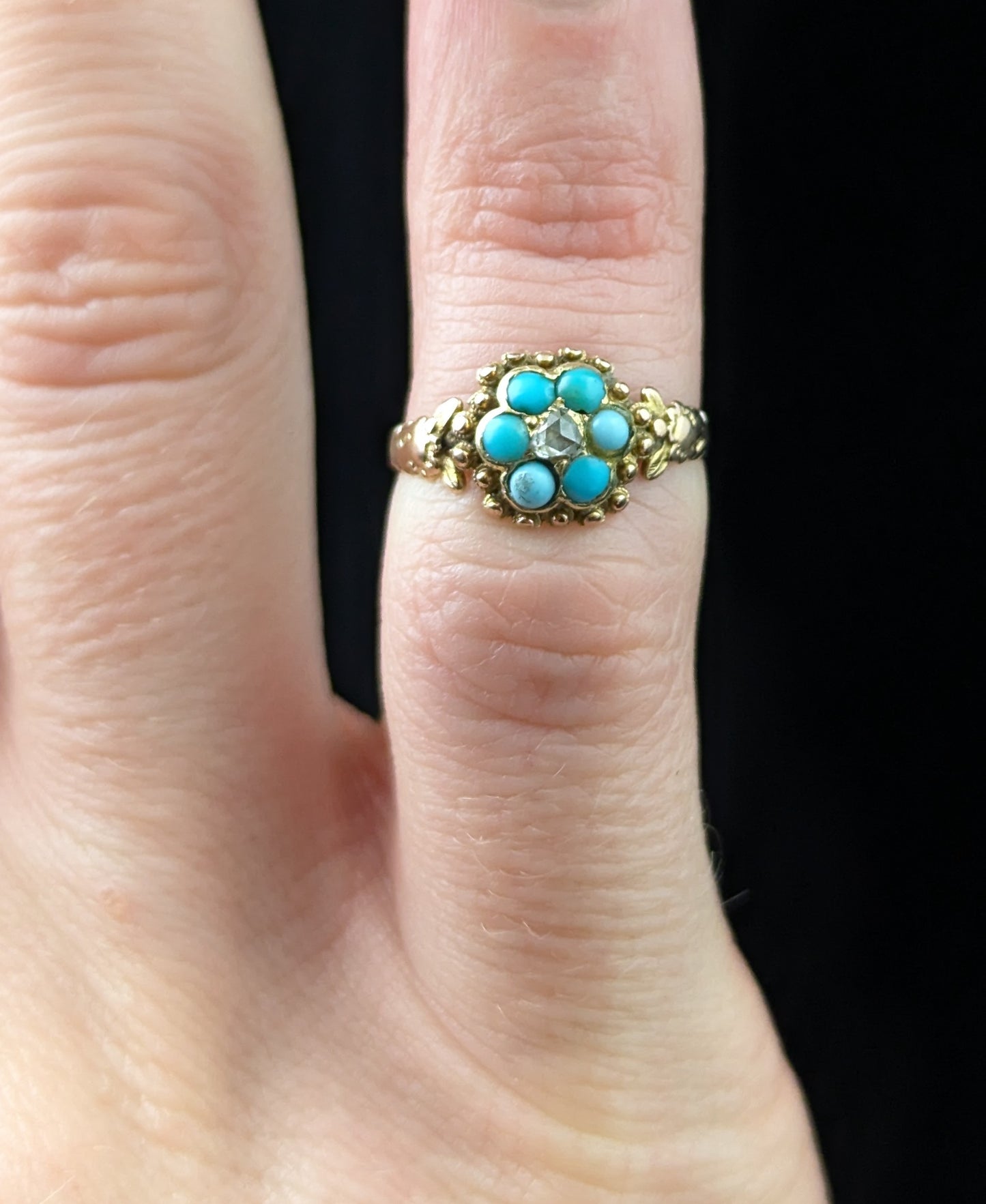 Antique Regency Turquoise and Diamond flower ring, 18ct gold