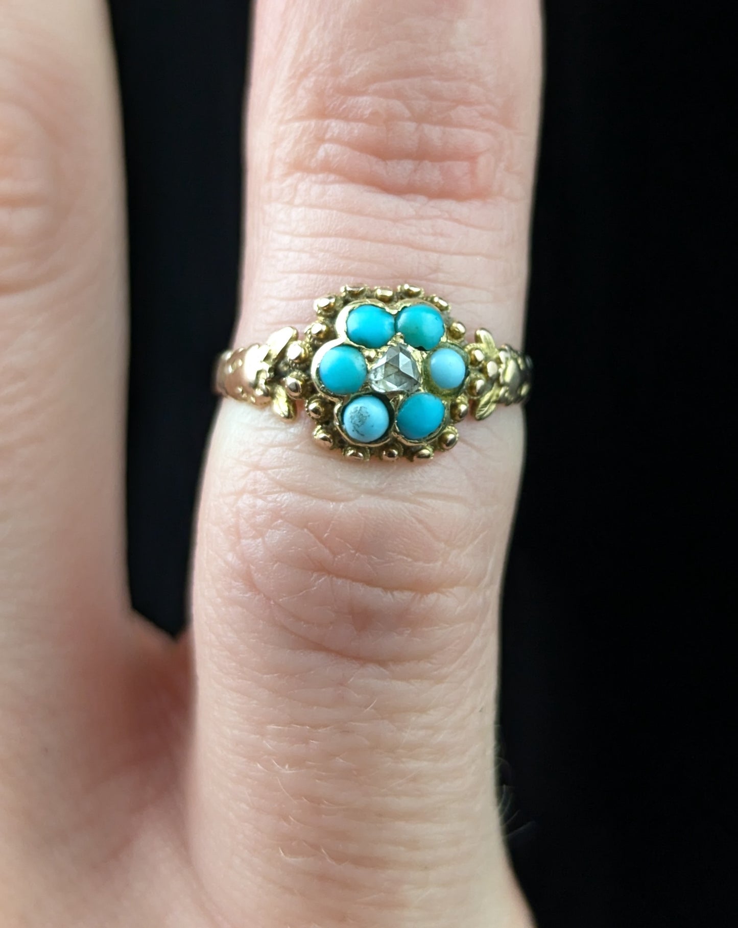 Antique Regency Turquoise and Diamond flower ring, 18ct gold