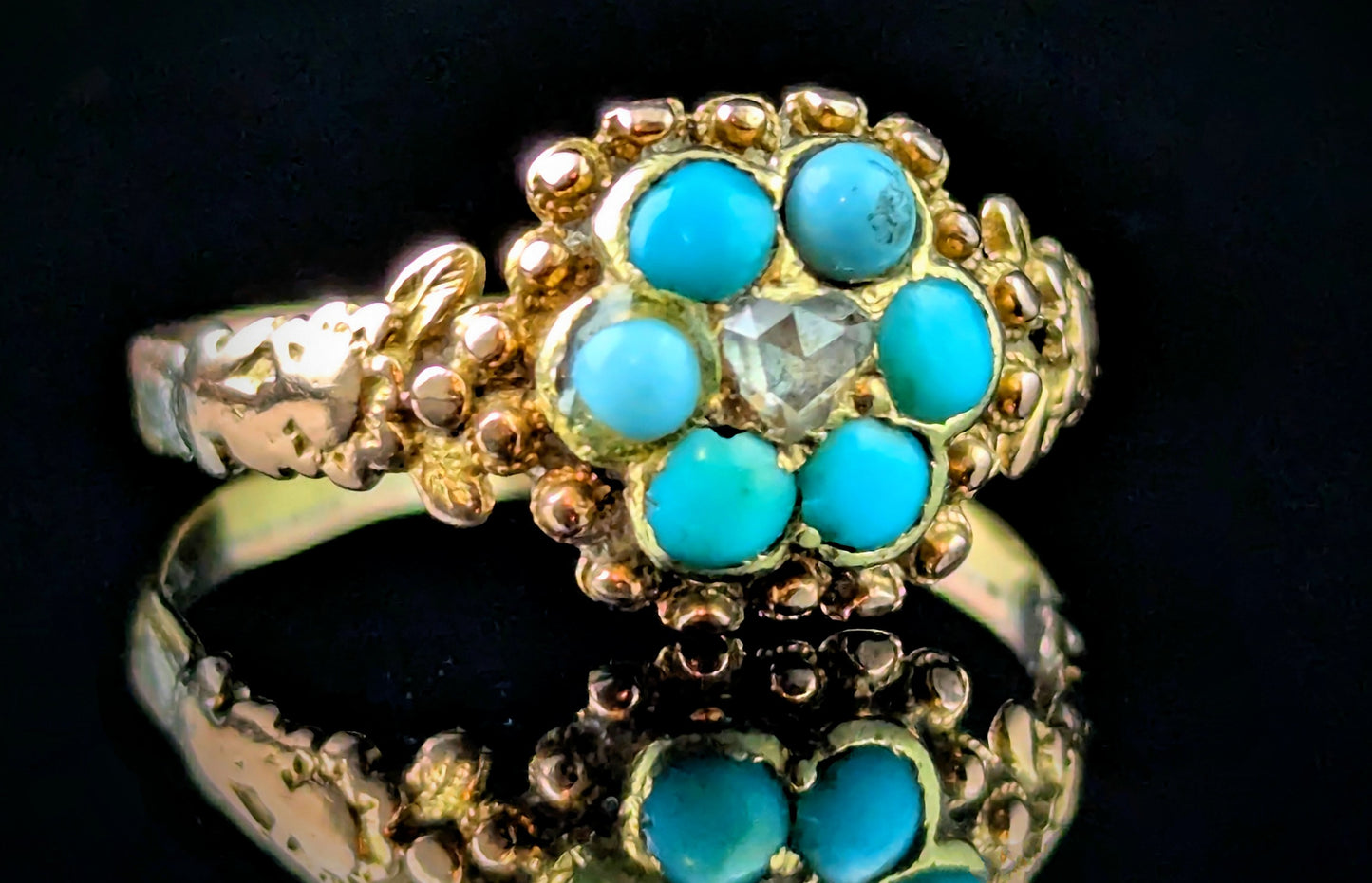 Antique Regency Turquoise and Diamond flower ring, 18ct gold