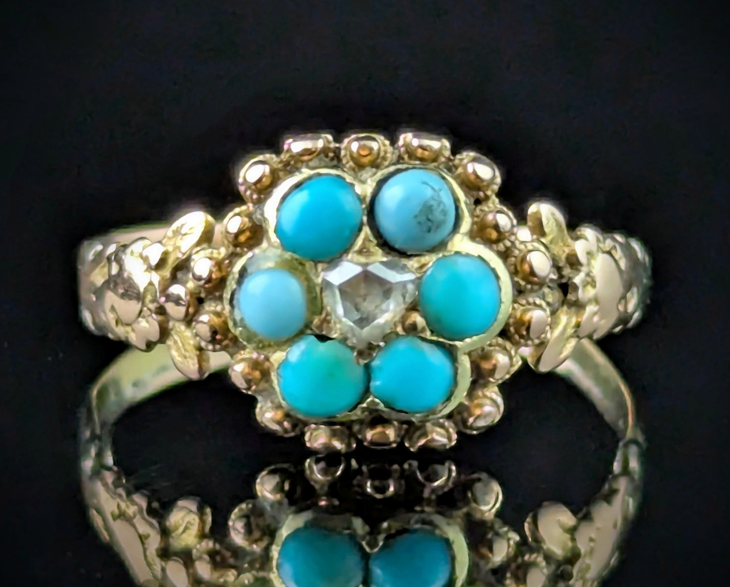 Antique Regency Turquoise and Diamond flower ring, 18ct gold