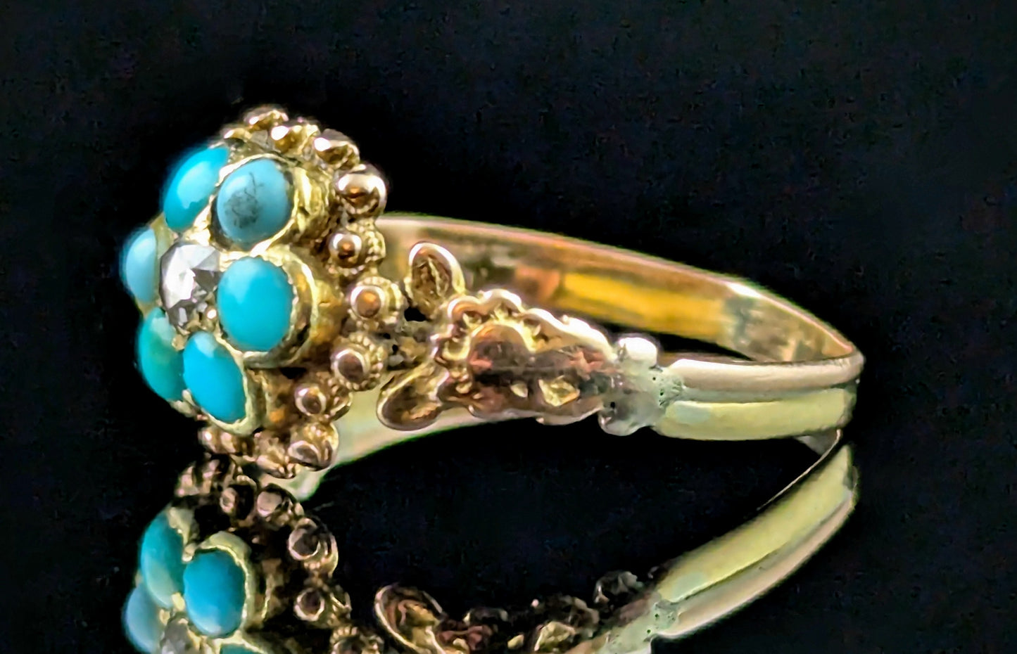 Antique Regency Turquoise and Diamond flower ring, 18ct gold