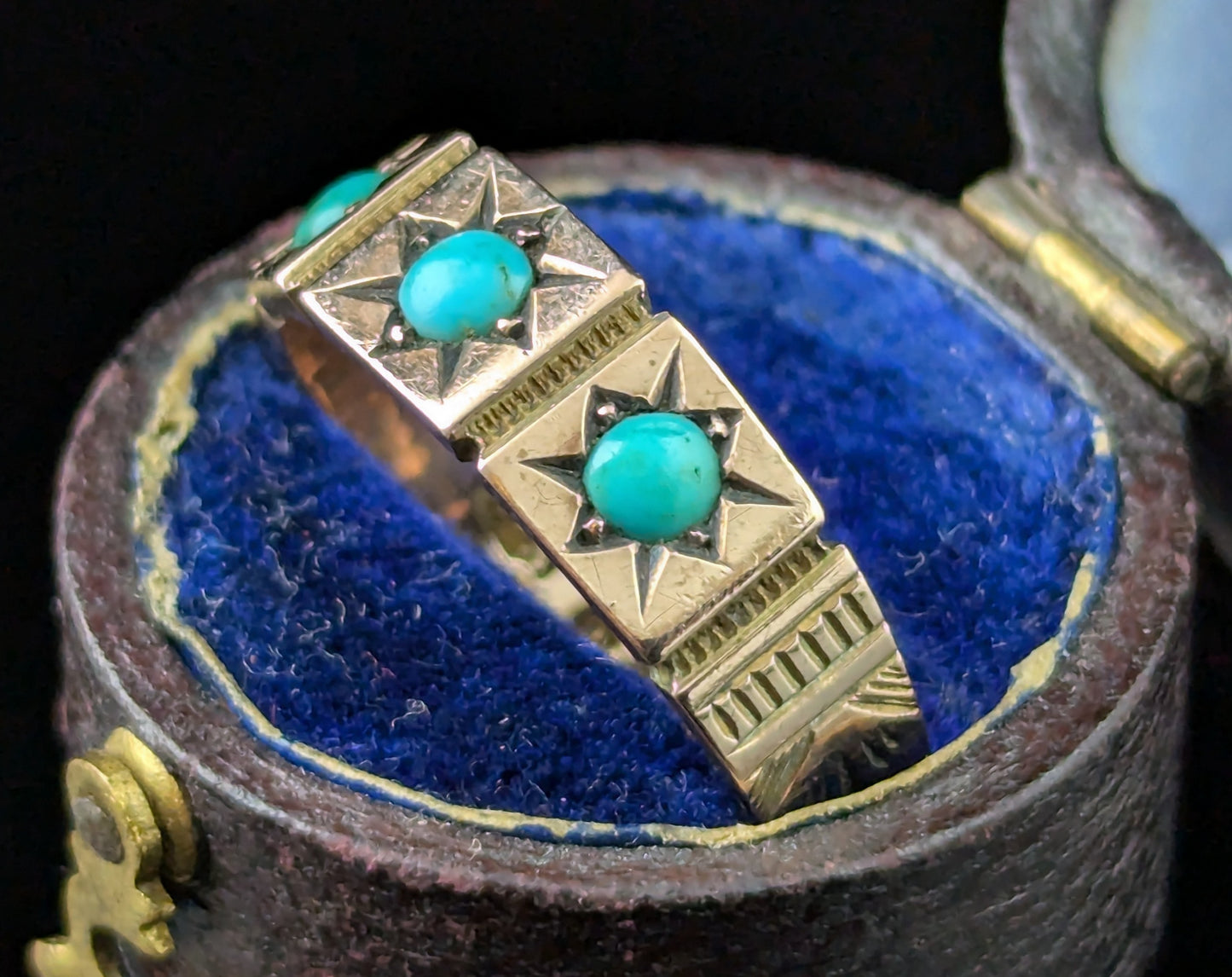 Antique 9ct Rose gold Turquoise gypsy set ring, Victorian