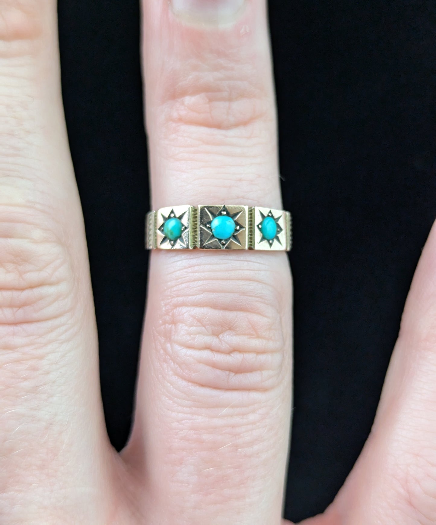 Antique 9ct Rose gold Turquoise gypsy set ring, Victorian